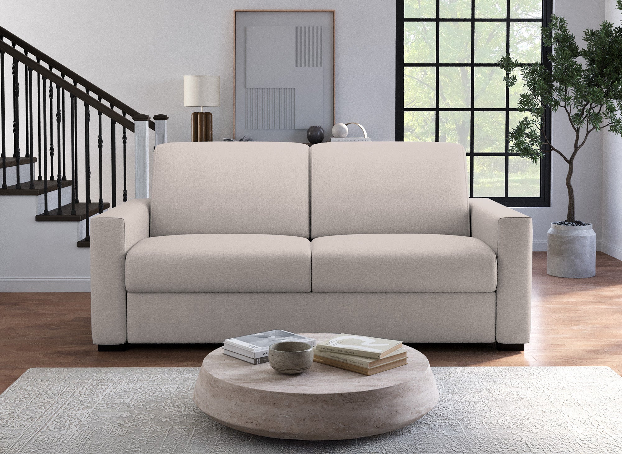 LOUNA LUXE 3-Sitzer-Schlafsofa aus beigem Stoff mit Expressöffnung und 18 cm Matratze