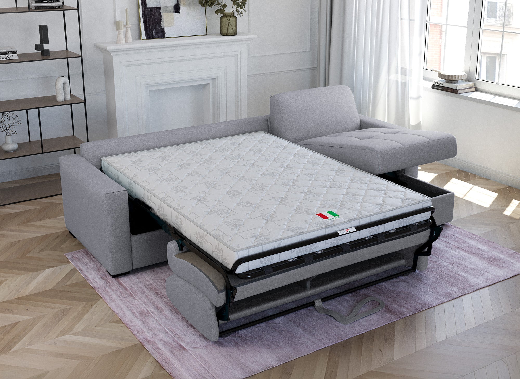 LOUNA umwandelbares Ecksofa aus grauem Stoff mit Aufbewahrungsbox