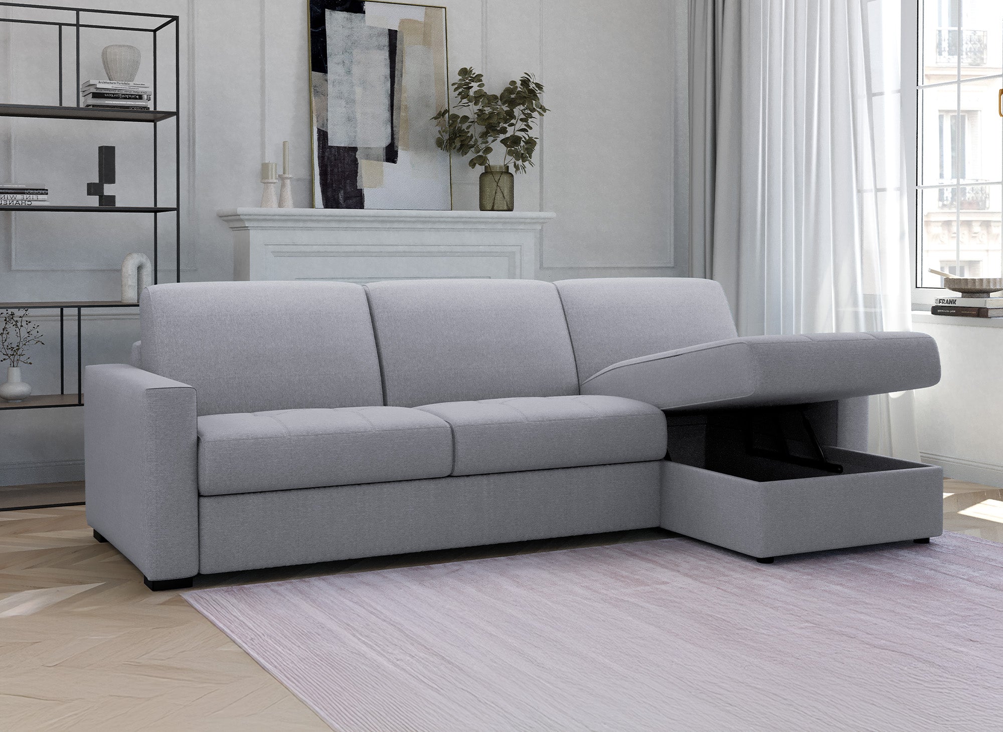 LOUNA umwandelbares Ecksofa aus grauem Stoff mit Aufbewahrungsbox