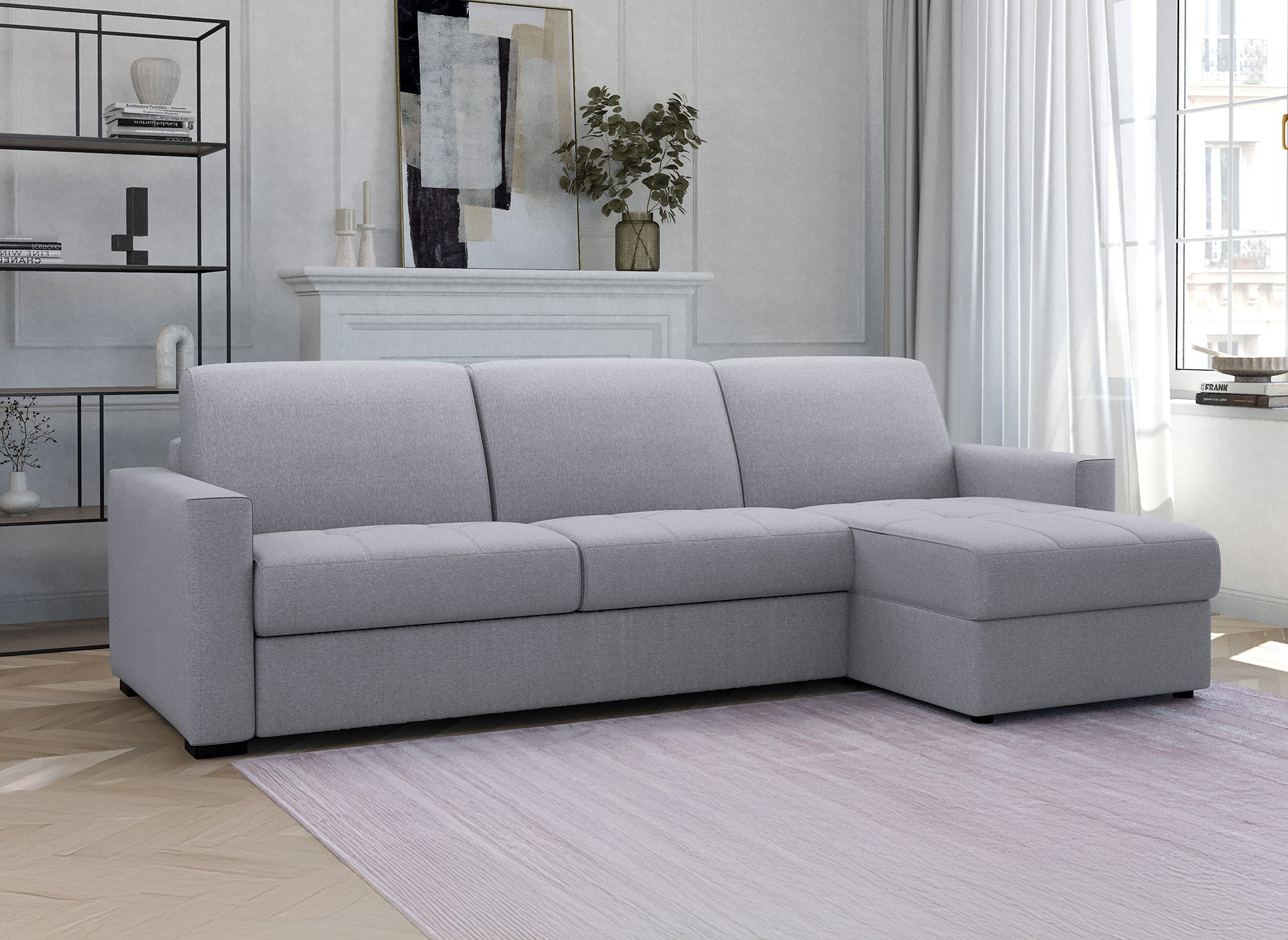 LOUNA umwandelbares Ecksofa aus grauem Stoff mit Aufbewahrungsbox