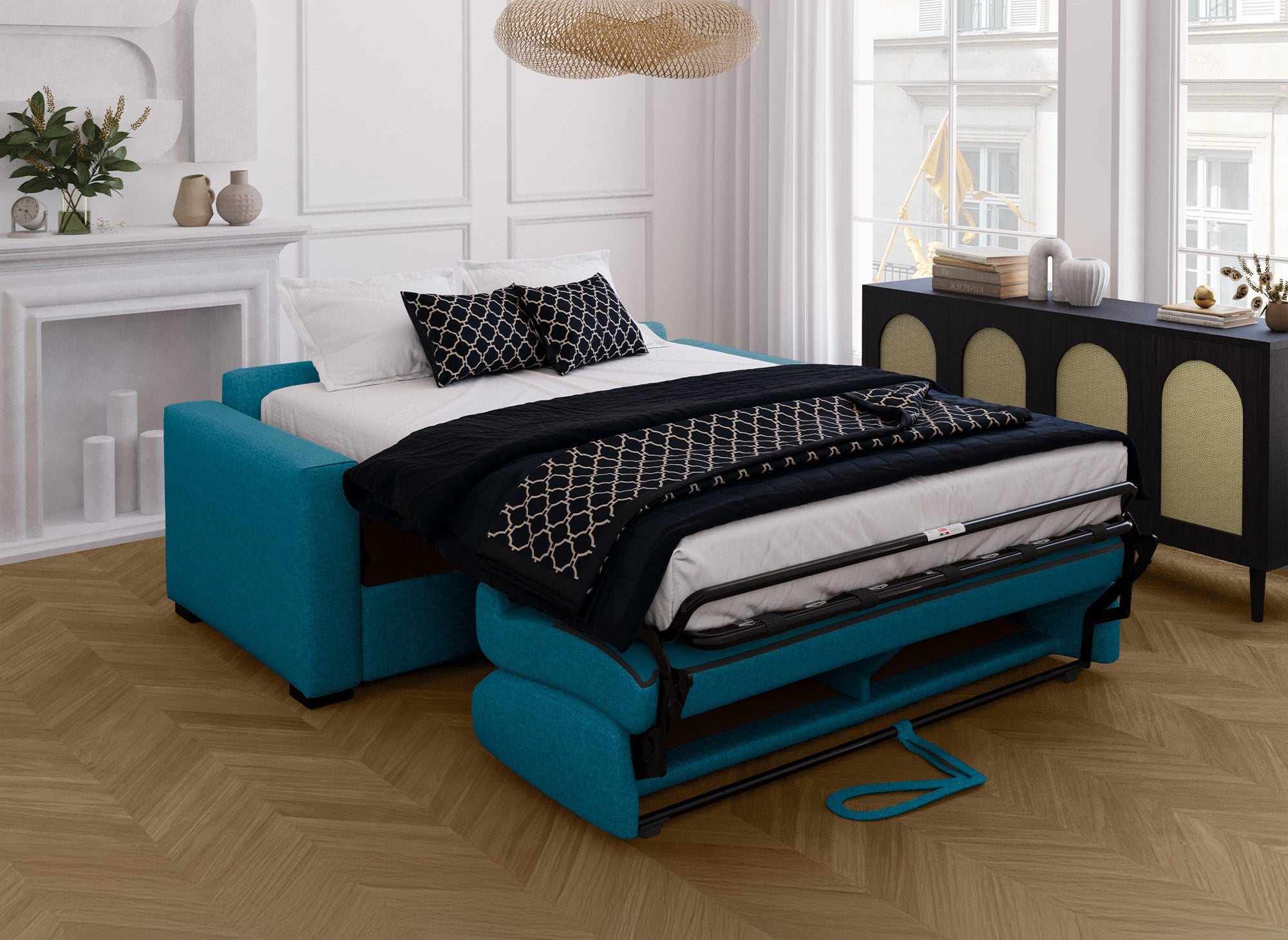 LOUNA 3-Sitzer-Schlafsofa aus petrolblauem Stoff mit Expressöffnung