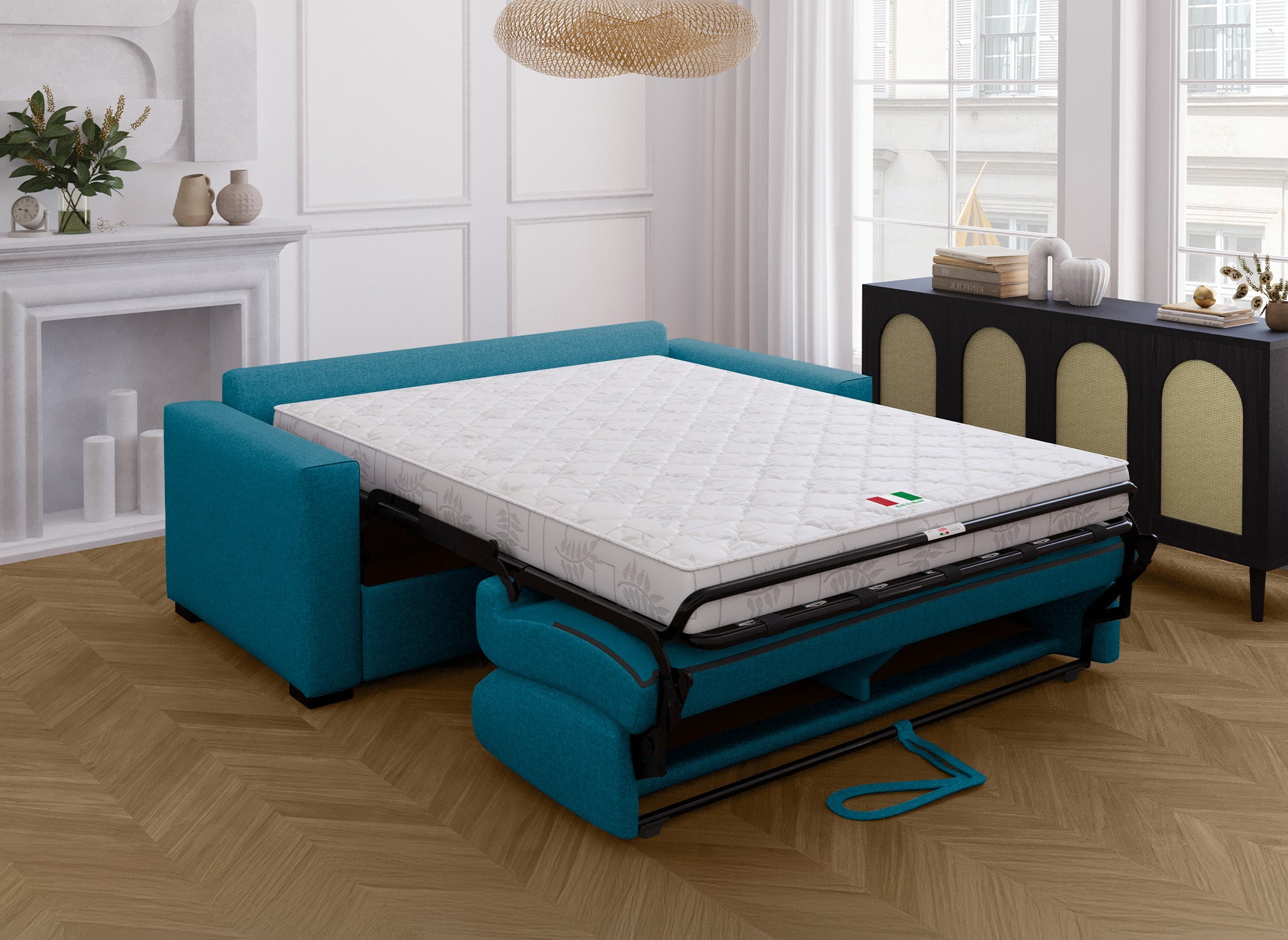LOUNA 3-Sitzer-Schlafsofa aus petrolblauem Stoff mit Expressöffnung