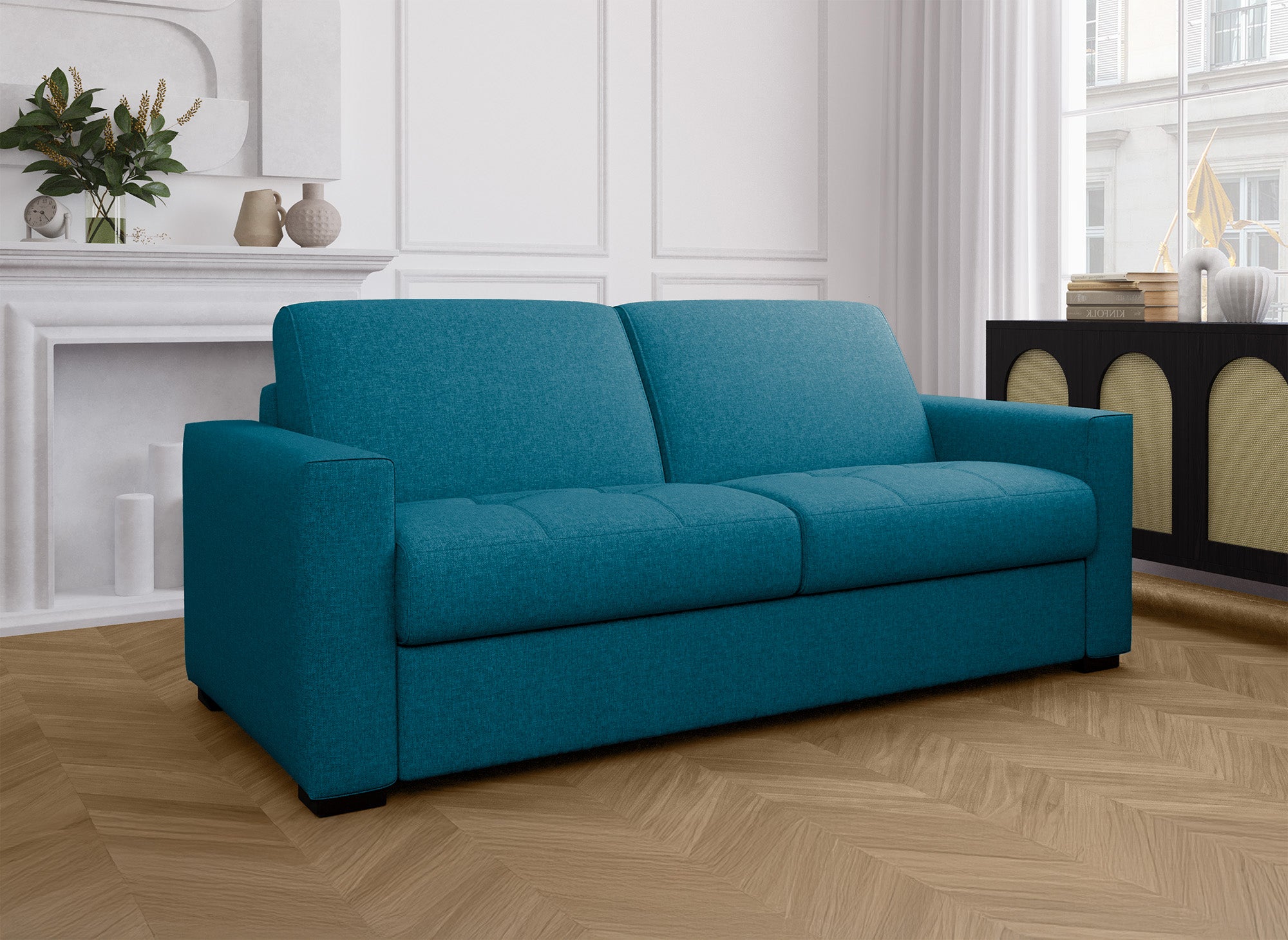 LOUNA 3-Sitzer-Schlafsofa aus petrolblauem Stoff mit Expressöffnung