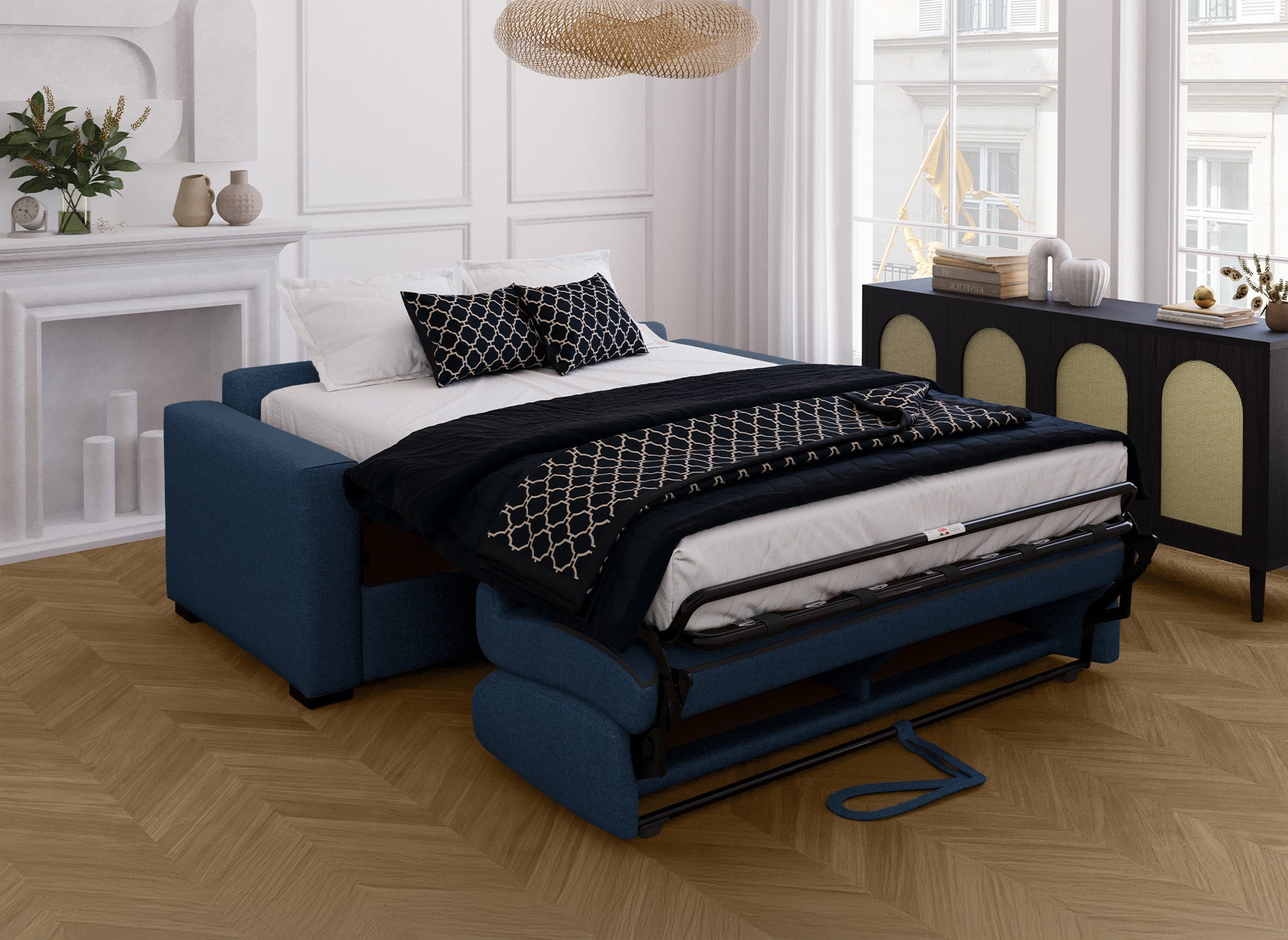 LOUNA 3-Sitzer-Schlafsofa aus jeansblauem Stoff mit Expressöffnung