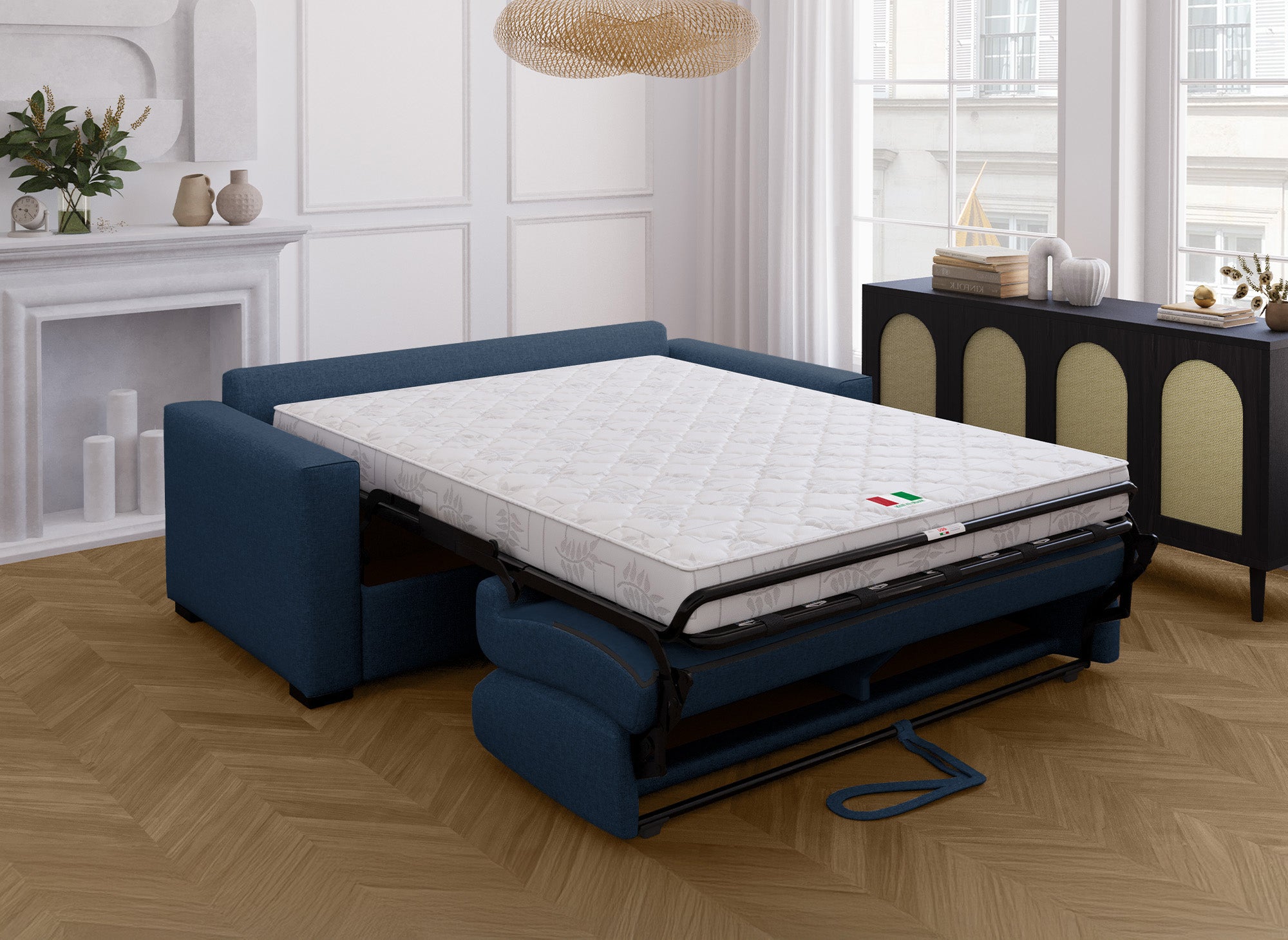 LOUNA 3-Sitzer-Schlafsofa aus jeansblauem Stoff mit Expressöffnung