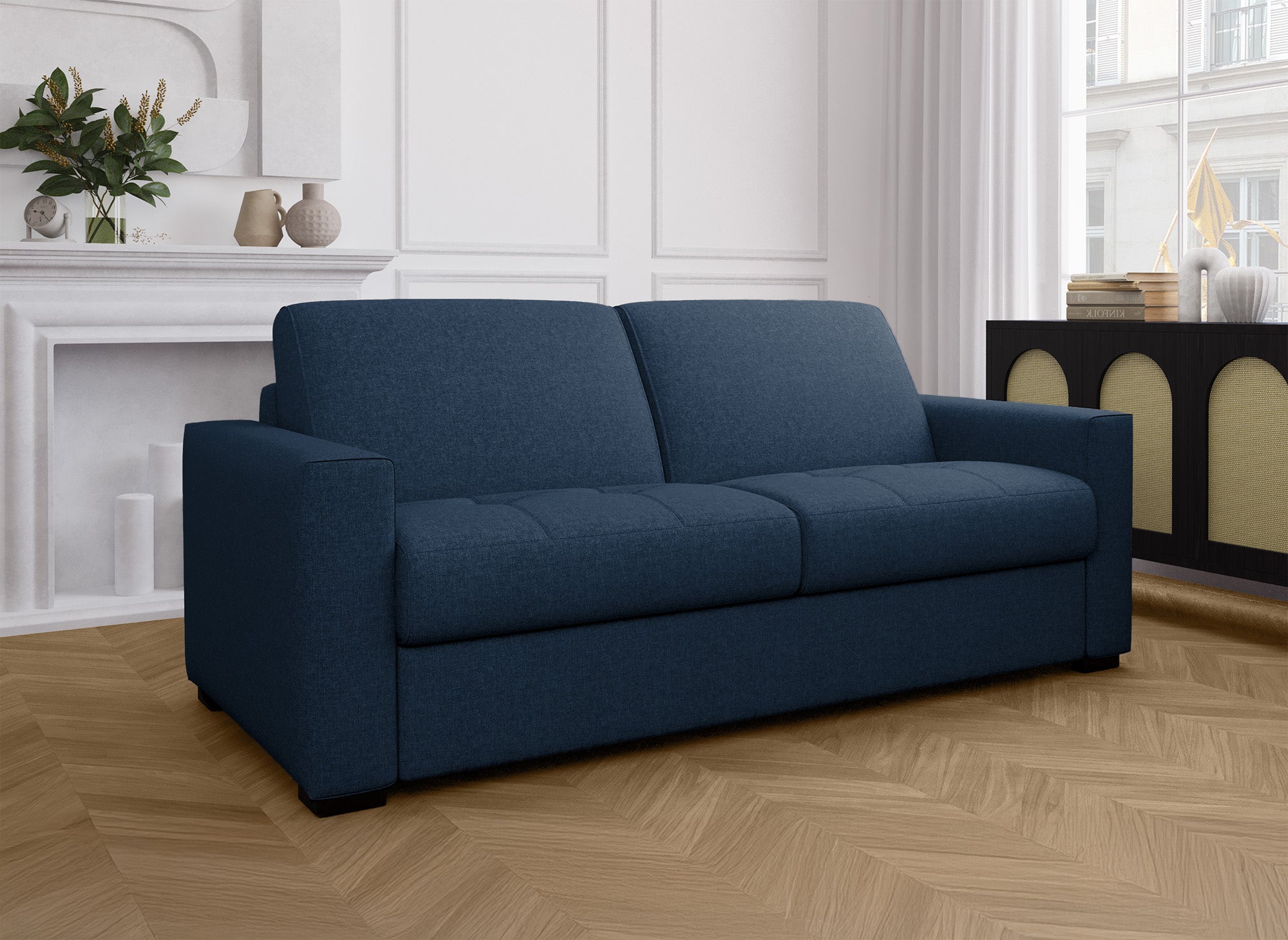 LOUNA 3-Sitzer-Schlafsofa aus jeansblauem Stoff mit Expressöffnung