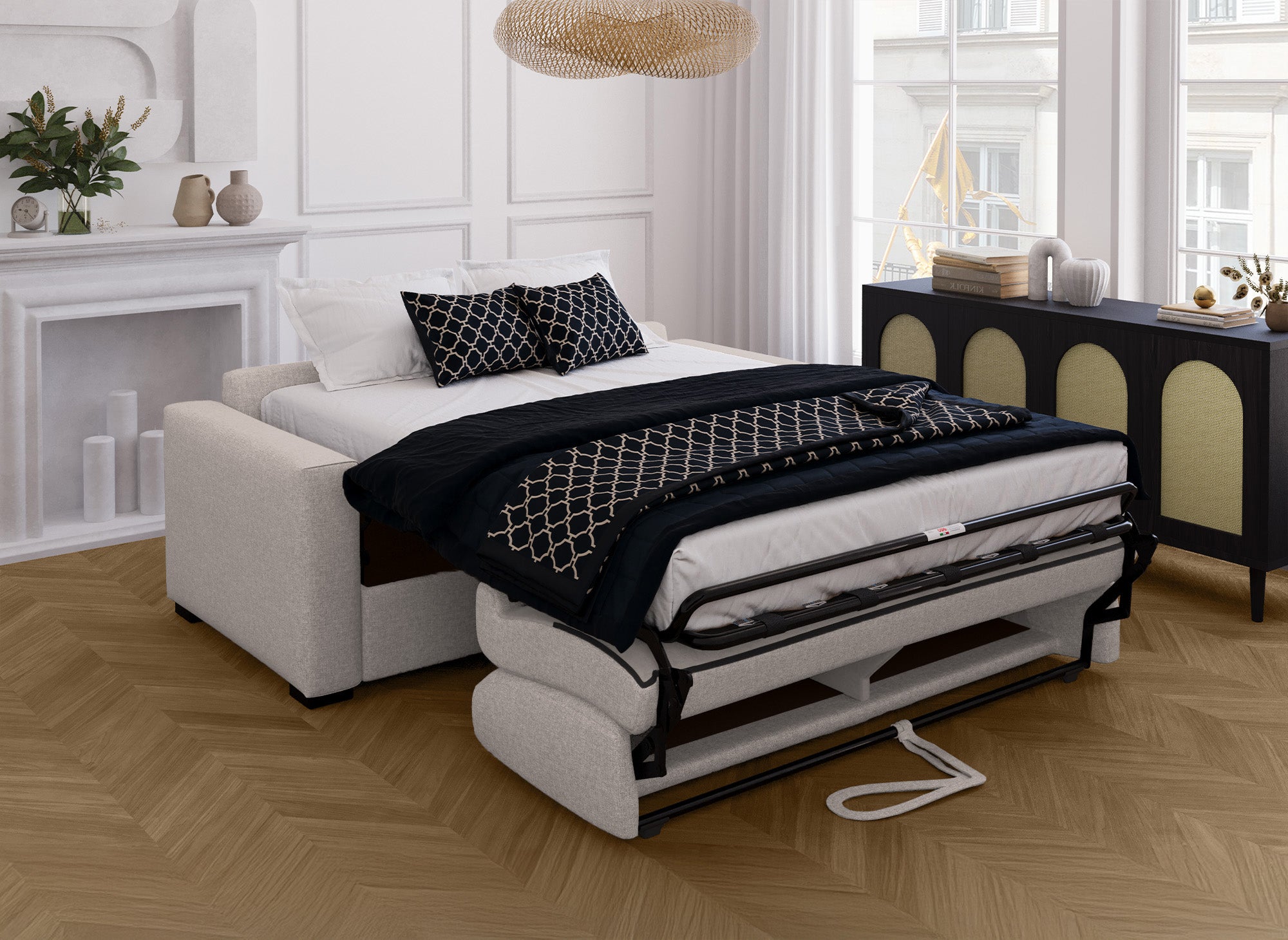 LOUNA 3-Sitzer-Schlafsofa aus beigem Stoff mit Expressöffnung