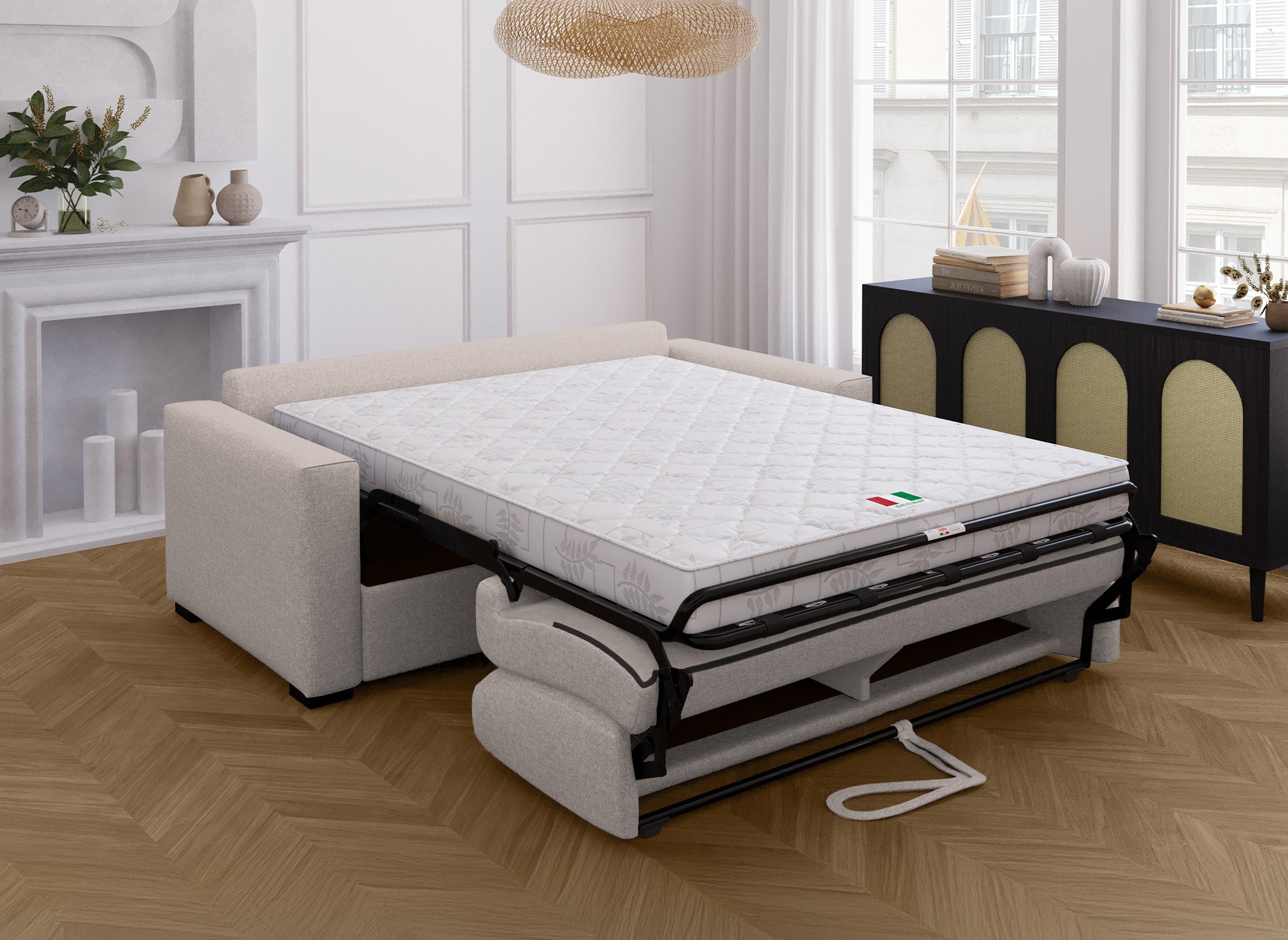 LOUNA 3-Sitzer-Schlafsofa aus beigem Stoff mit Expressöffnung