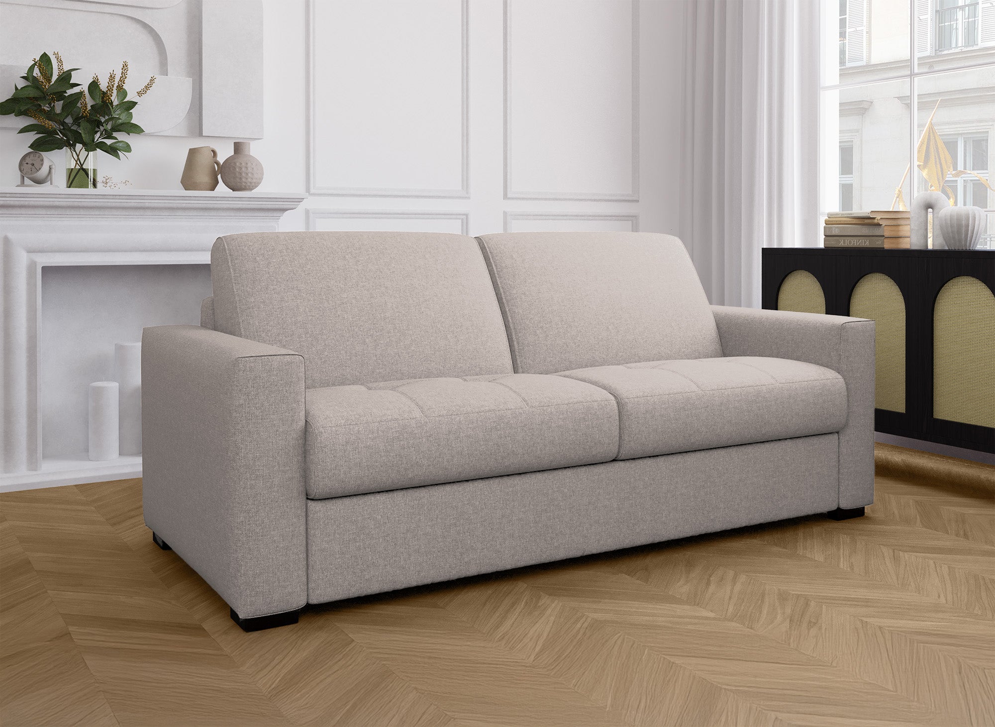 LOUNA 3-Sitzer-Schlafsofa aus beigem Stoff mit Expressöffnung