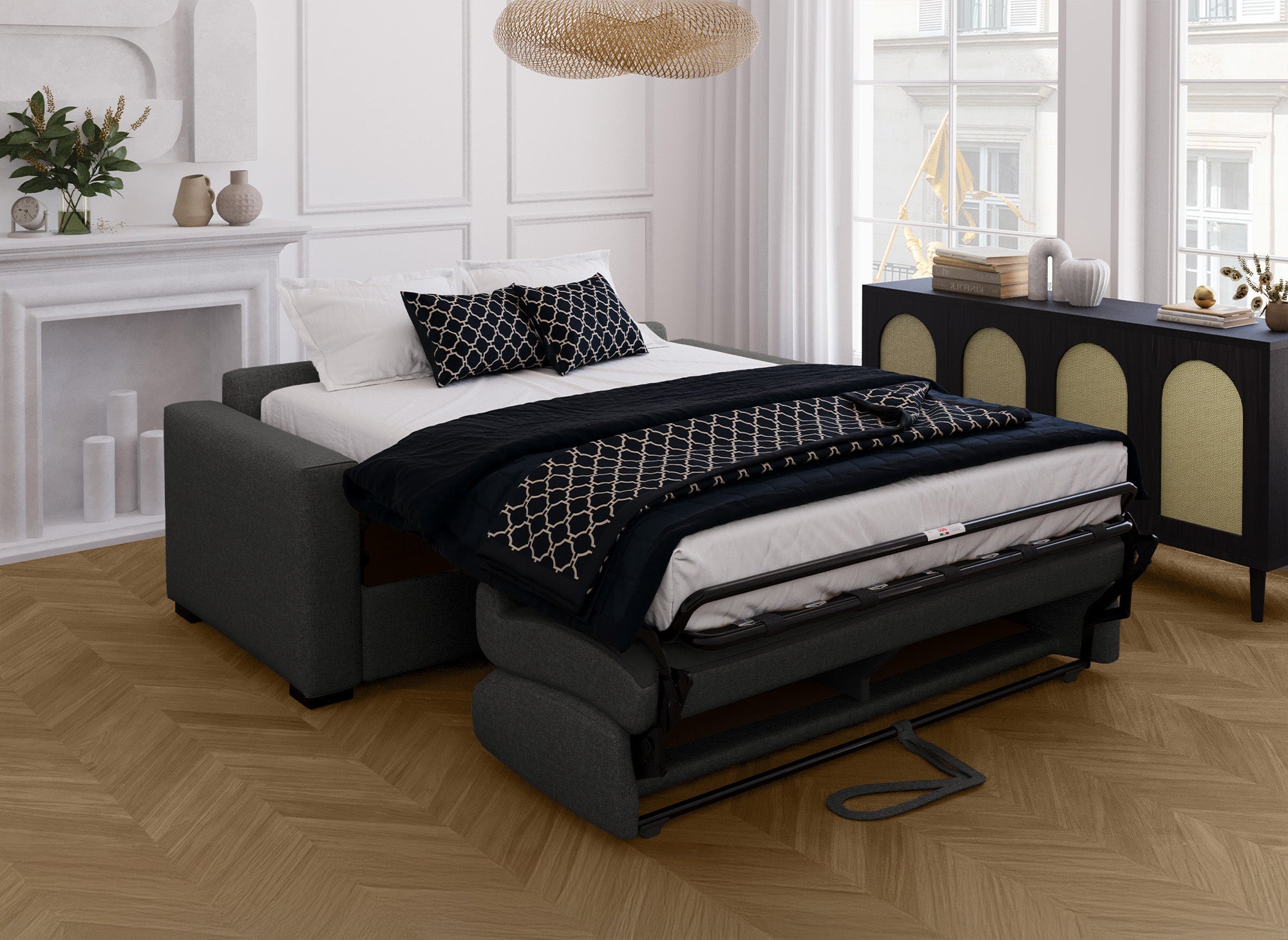 LOUNA 3-Sitzer-Schlafsofa aus carbongrauem Stoff mit Expressöffnung
