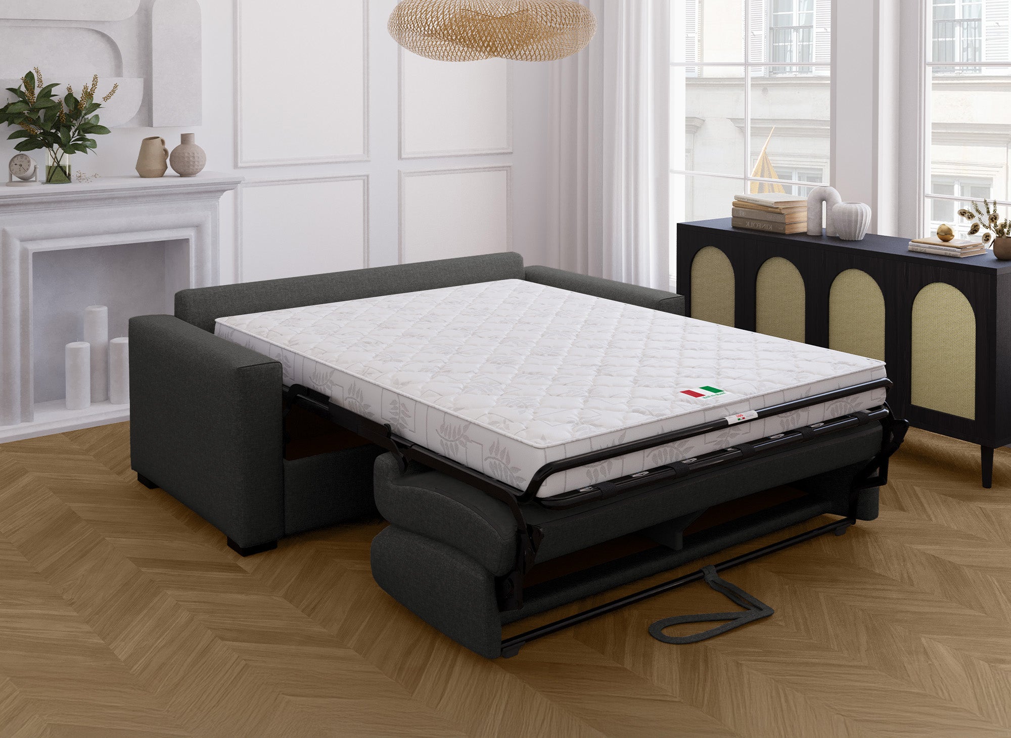 LOUNA 3-Sitzer-Schlafsofa aus carbongrauem Stoff mit Expressöffnung