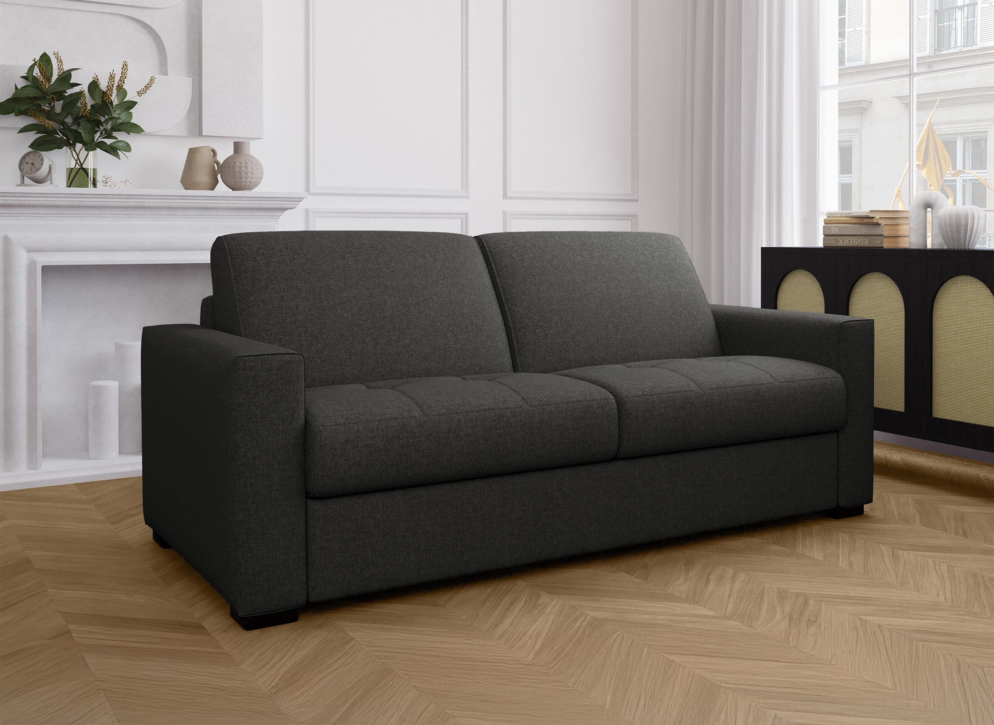 LOUNA 3-Sitzer-Schlafsofa aus carbongrauem Stoff mit Expressöffnung