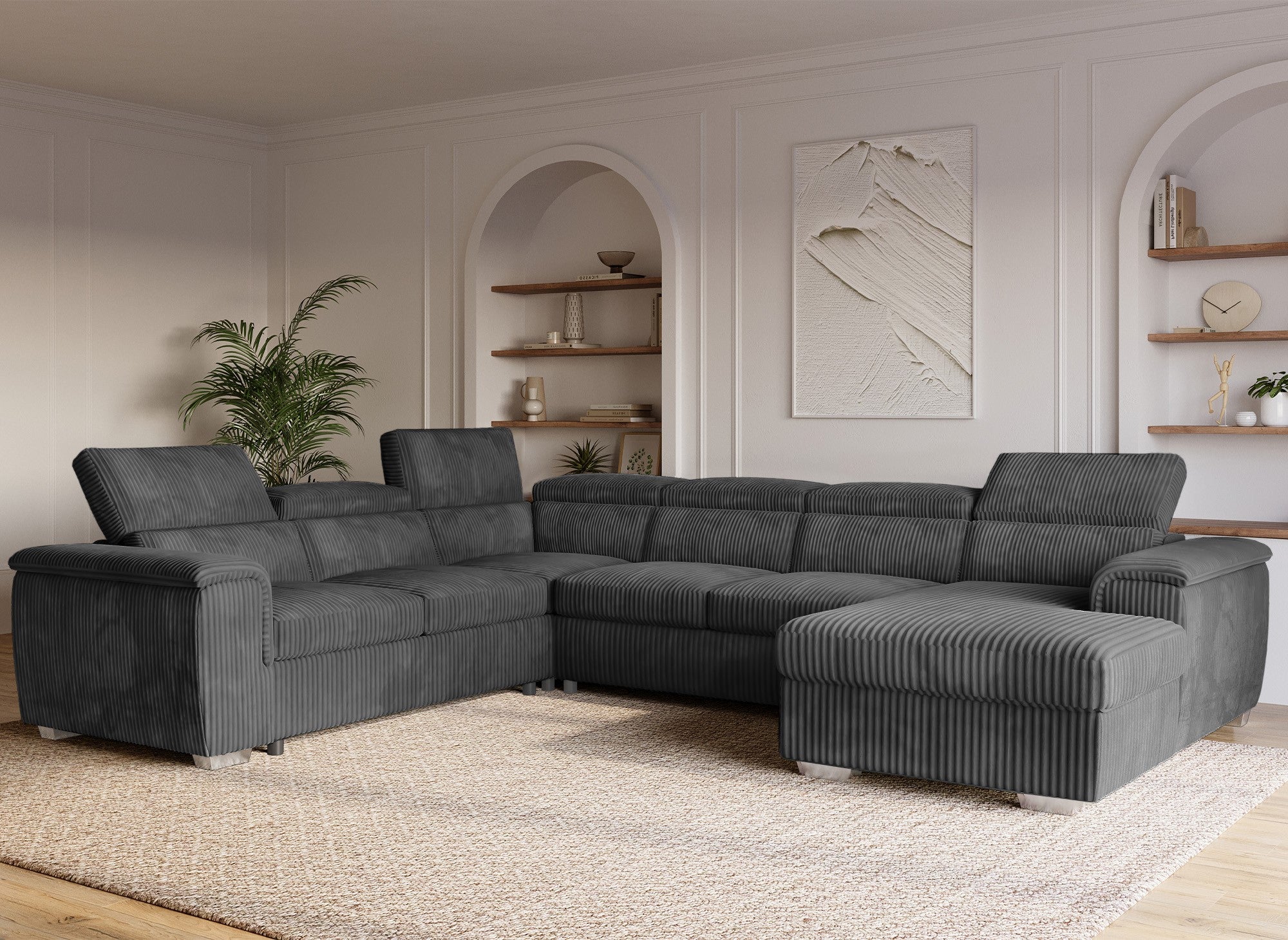GAELLE Panorama-Sofa mit Stauraum aus dickem grauem Cord – rechtwinklig
