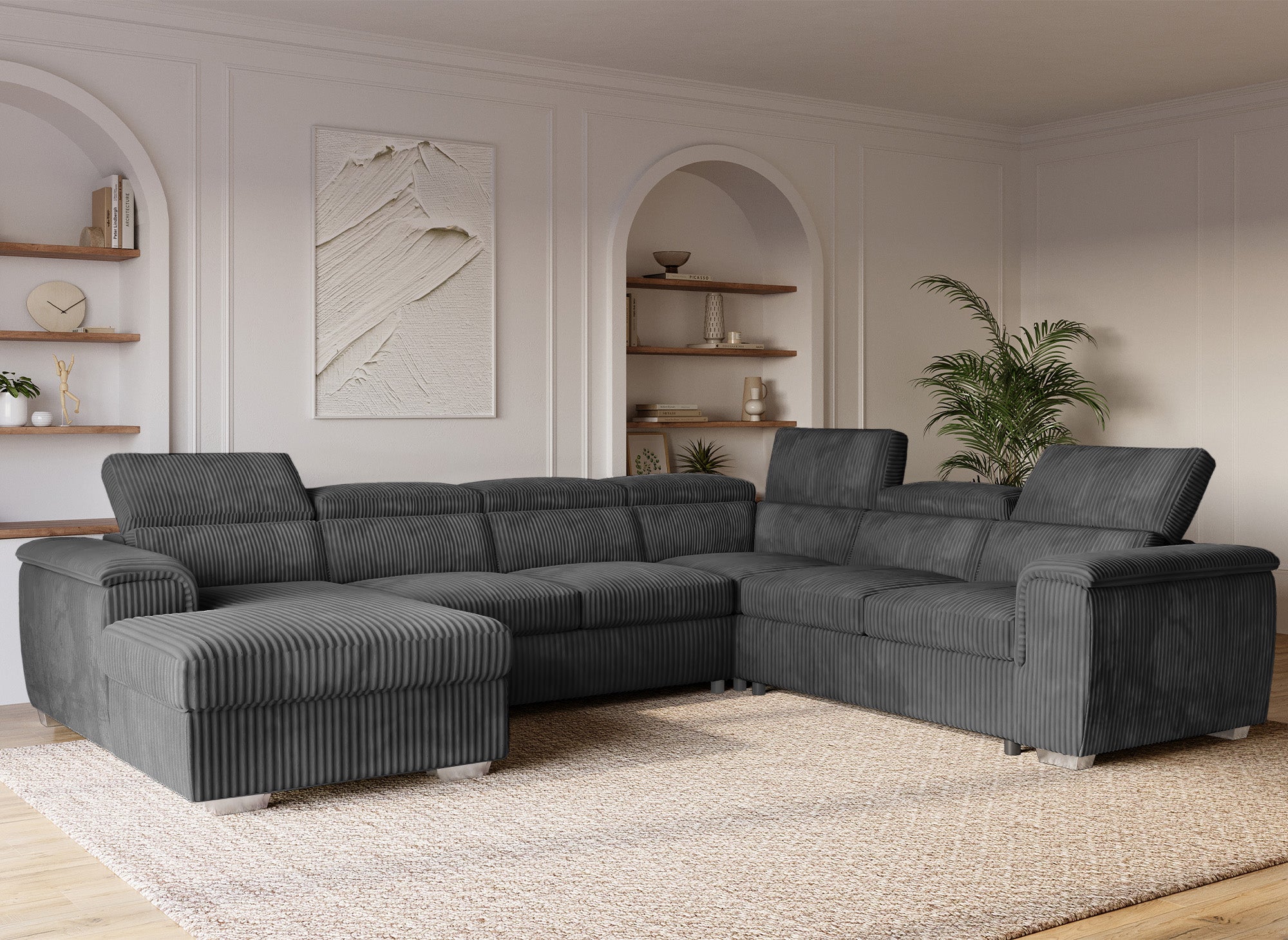 GAELLE Panorama-Sofa mit Stauraum aus dickem grauem Cord – Linke Ecke