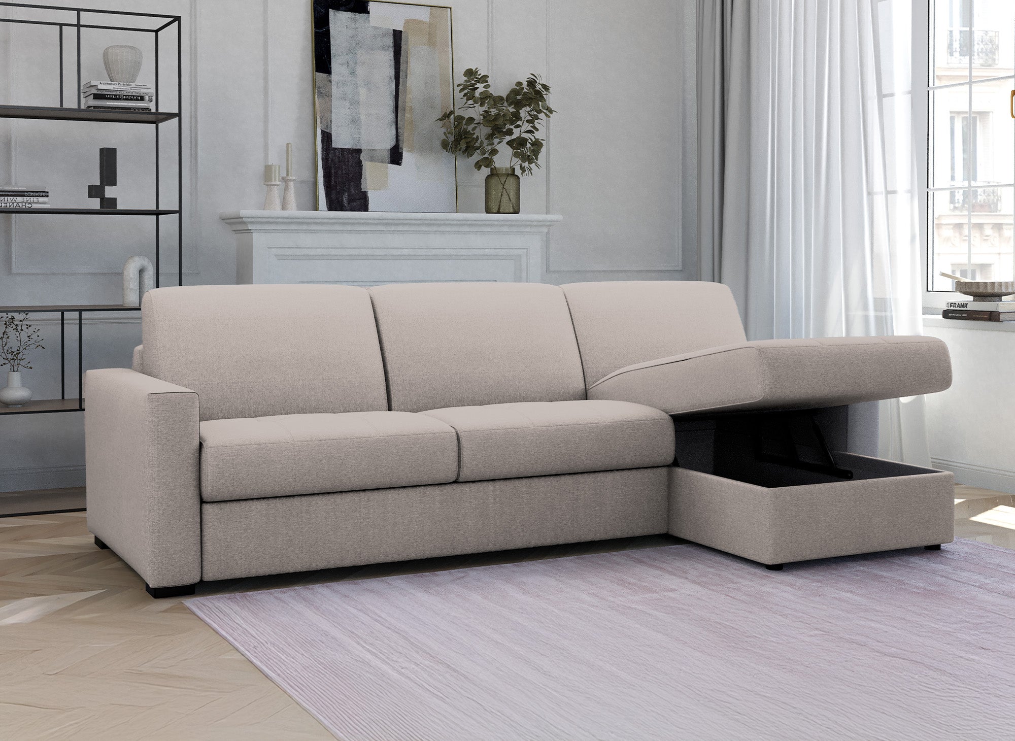 LOUNA umwandelbares Ecksofa aus beigem Stoff mit Aufbewahrungsbox