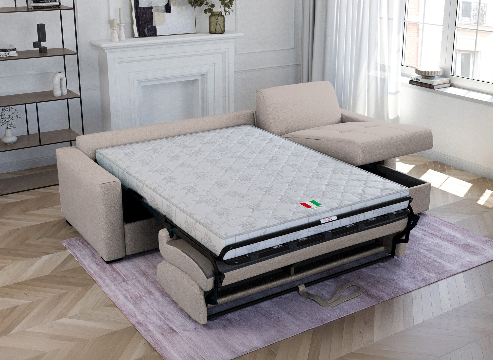 LOUNA umwandelbares Ecksofa aus beigem Stoff mit Aufbewahrungsbox
