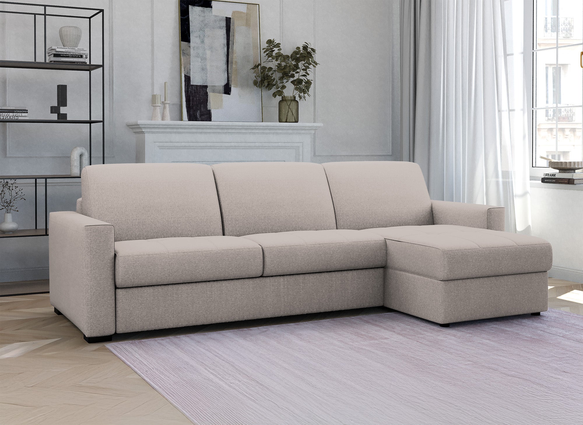 LOUNA umwandelbares Ecksofa aus beigem Stoff mit Aufbewahrungsbox