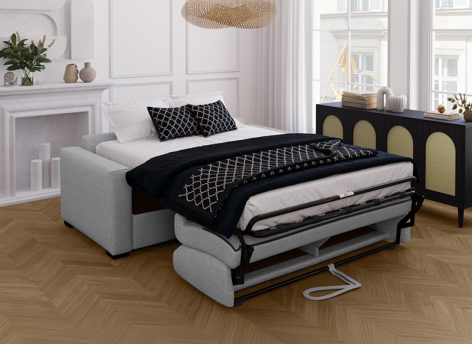 LOUNA 3-Sitzer-Schlafsofa aus grauem Stoff mit Expressöffnung