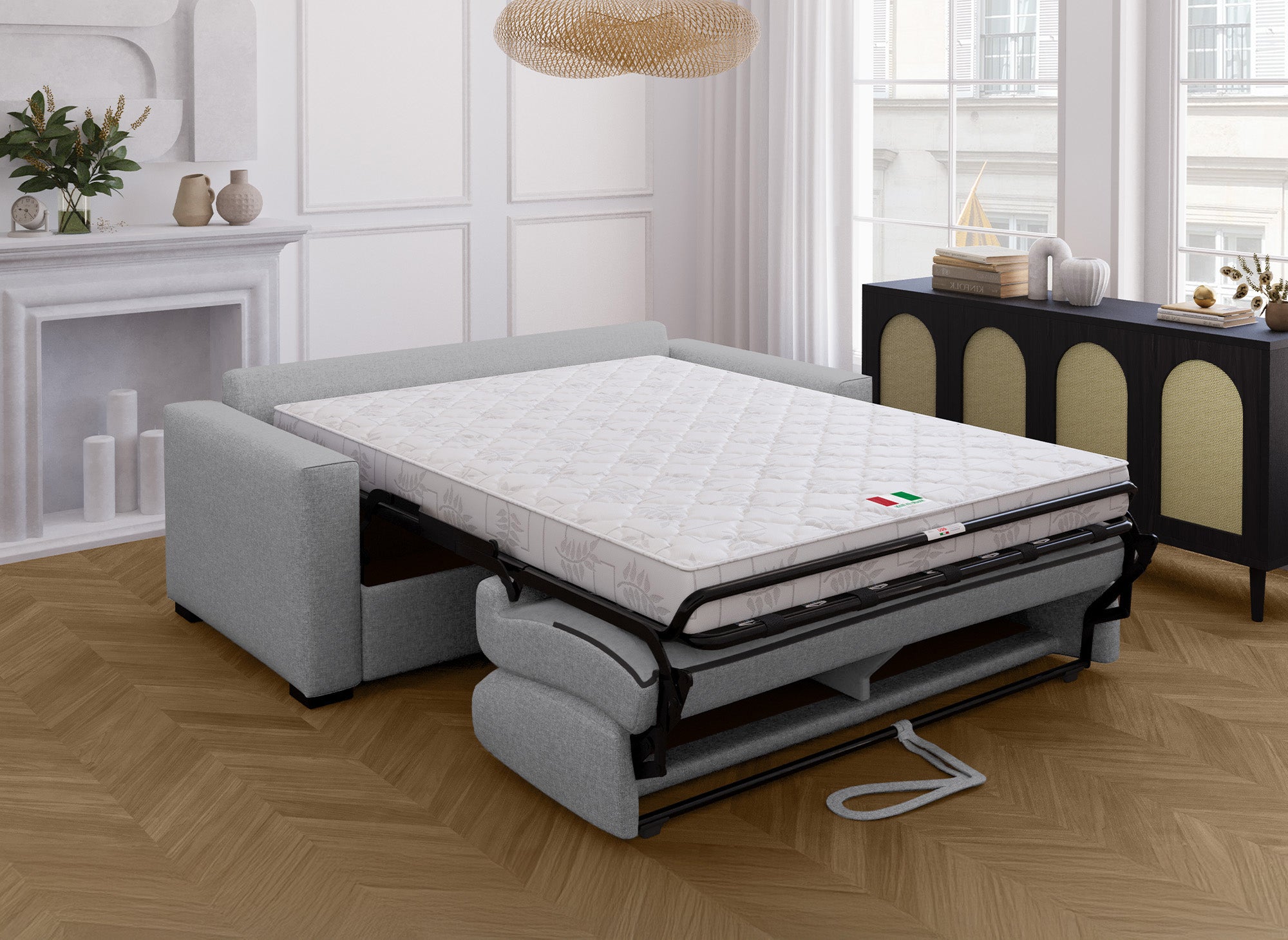 LOUNA 3-Sitzer-Schlafsofa aus grauem Stoff mit Expressöffnung