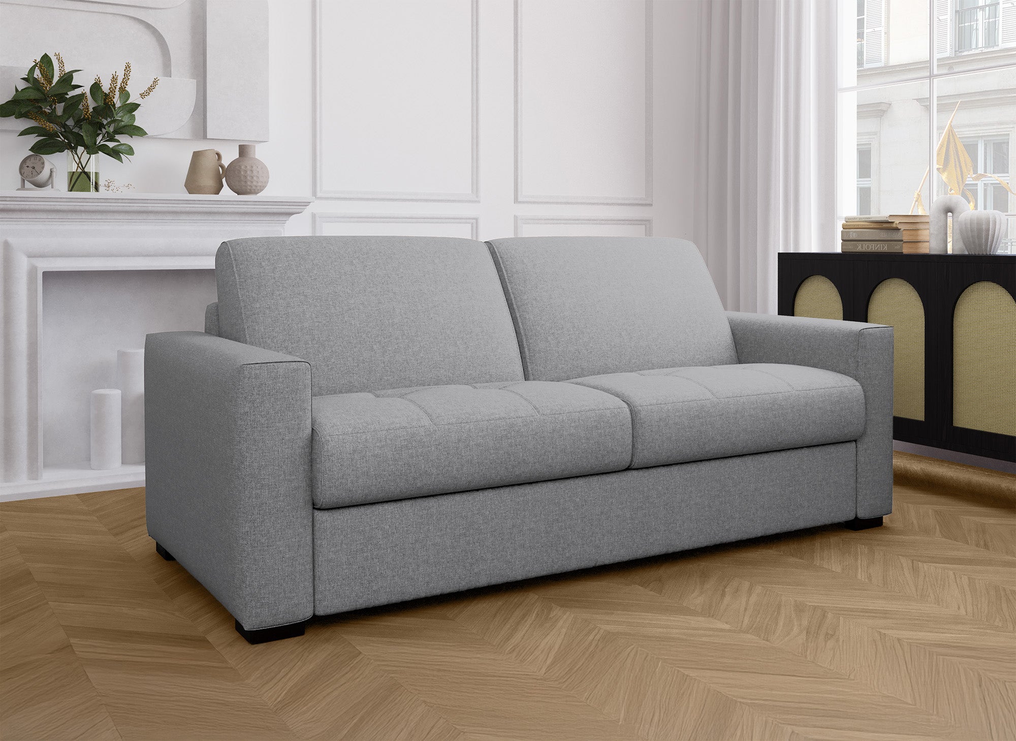 LOUNA 3-Sitzer-Schlafsofa aus grauem Stoff mit Expressöffnung