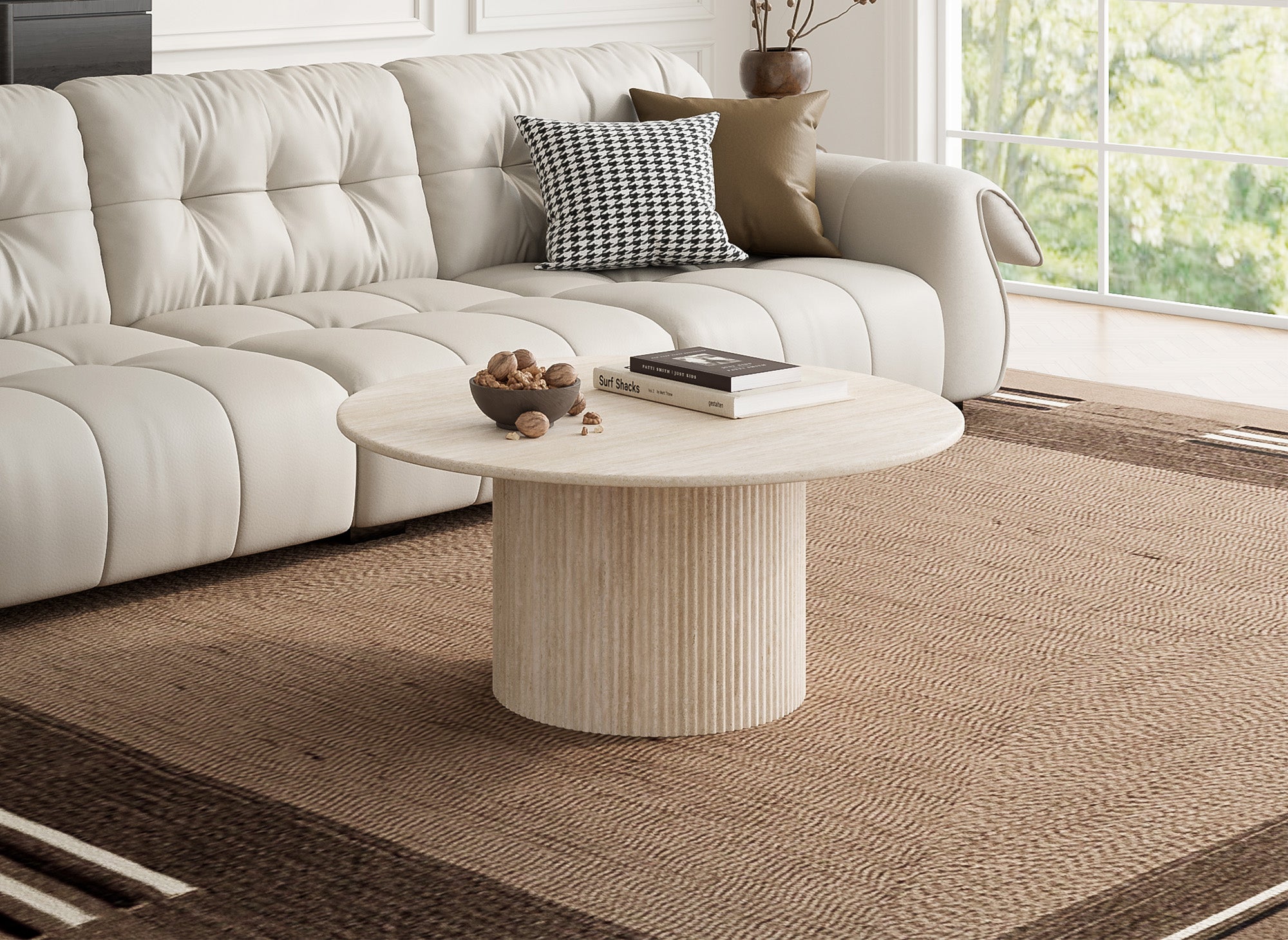 Runder Couchtisch aus beigem Verbundmarmor DHARA