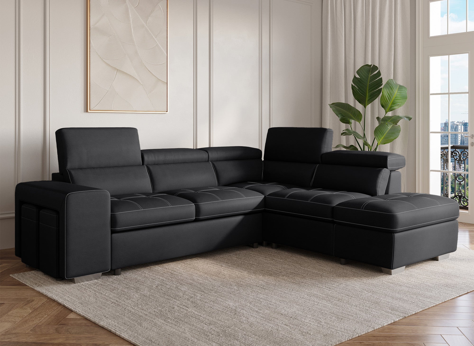 DAVON Ecksofa aus schwarzem Stoff, rechtwinklig