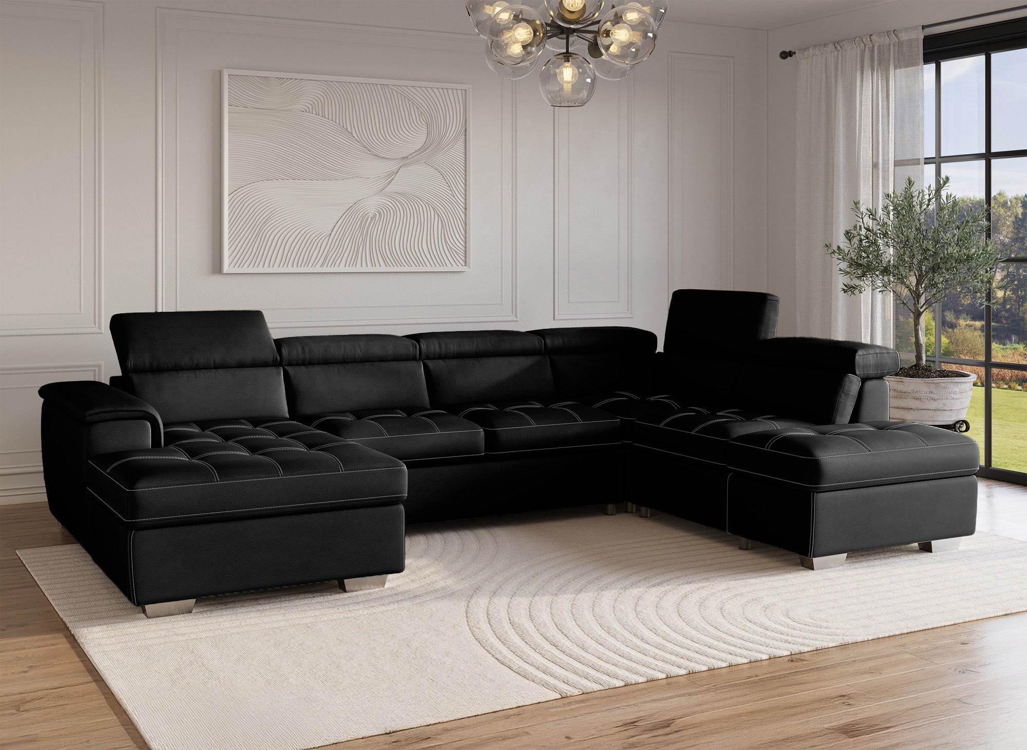 OLIVER Panorama-Sofa mit Aufbewahrungsbox aus schwarzem Stoff - Linke Ecke