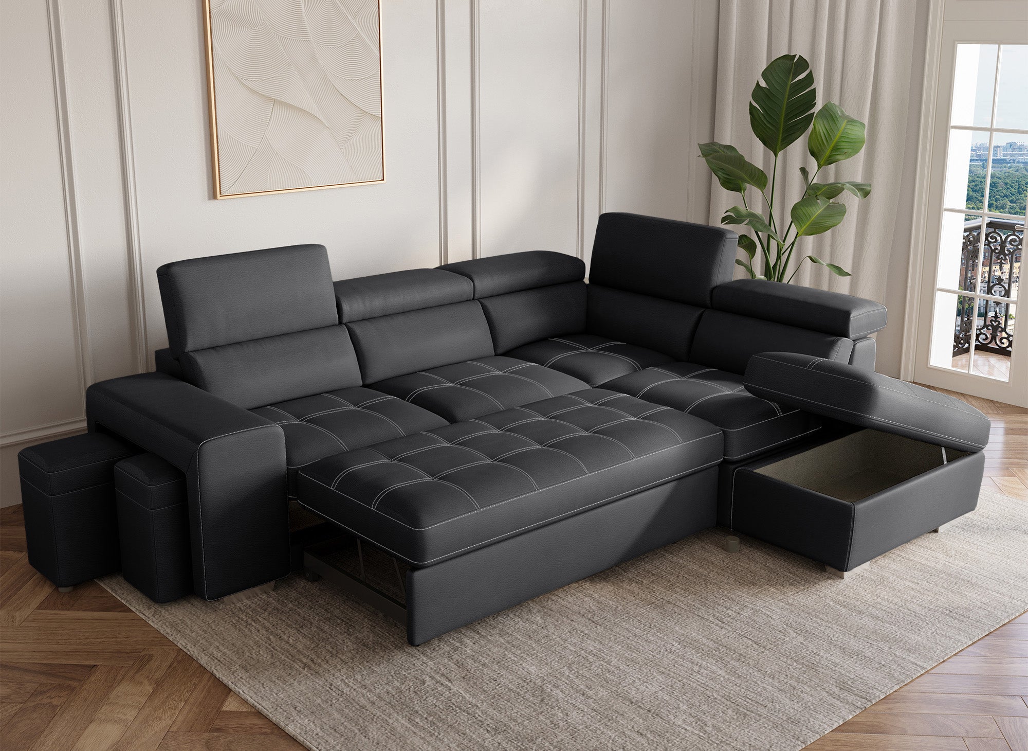 DAVON Ecksofa aus schwarzem Stoff, rechtwinklig