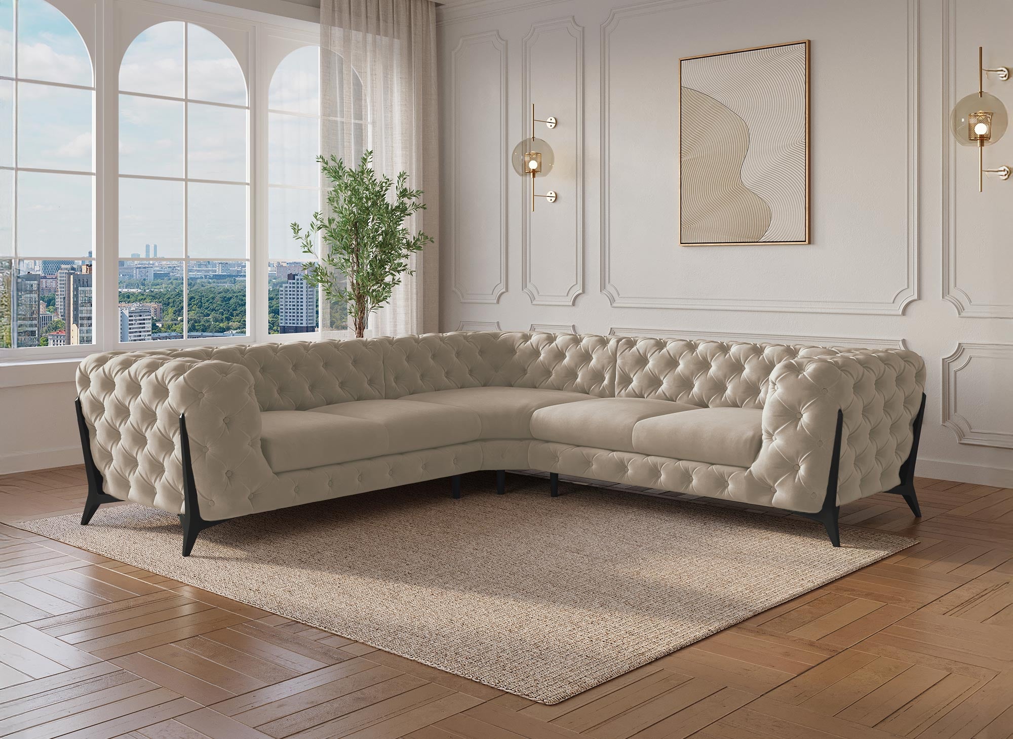 CARMEN beigefarbenes Chesterfield-Ecksofa aus Samt mit Polsterknöpfen