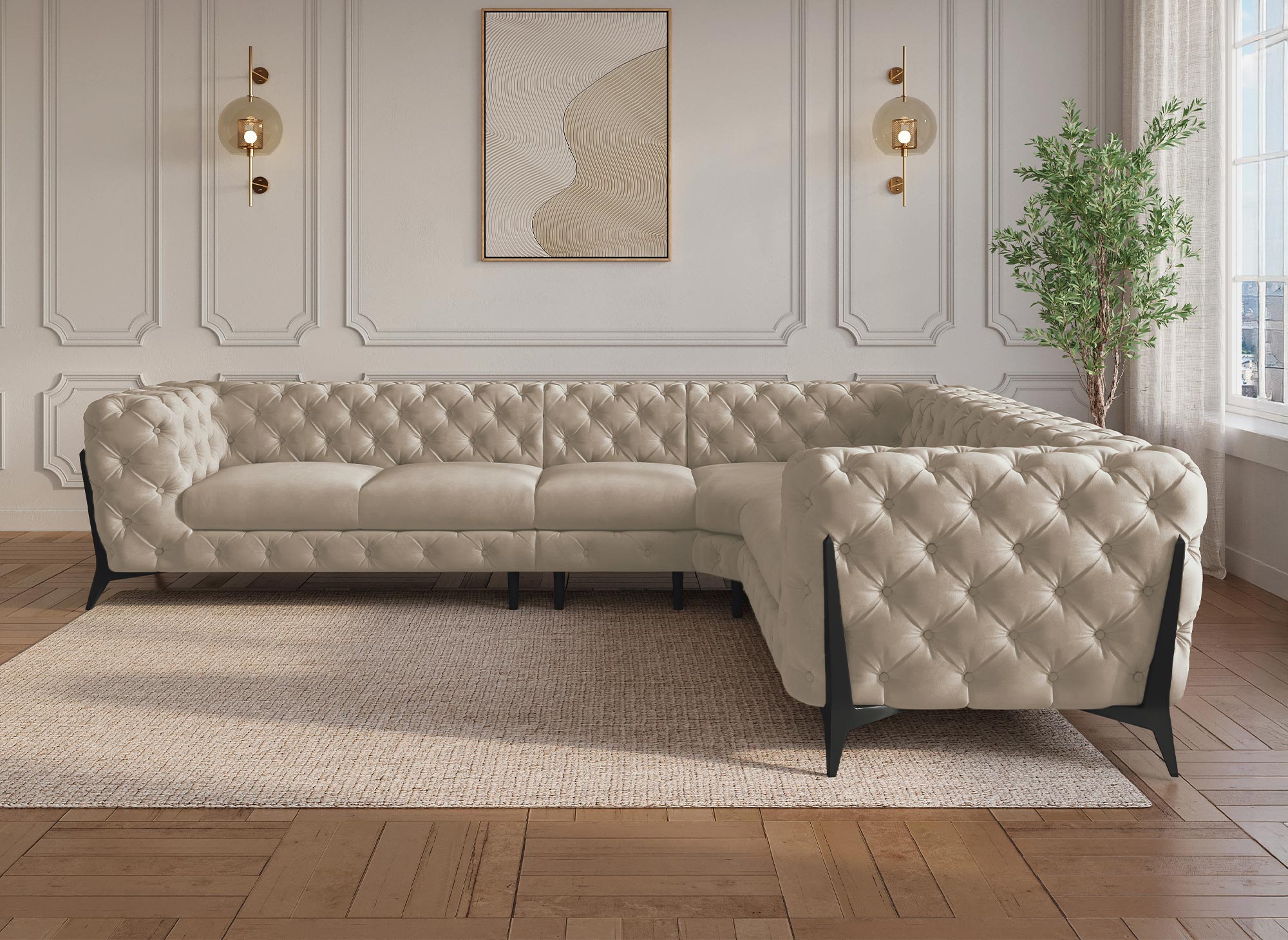 CARMEN Wende-Chesterfield-Ecksofa aus beigefarbenem Samt mit Polsterung