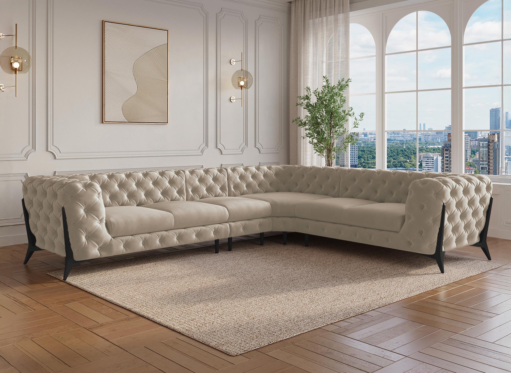 CARMEN Wende-Chesterfield-Ecksofa aus beigefarbenem Samt mit Polsterung