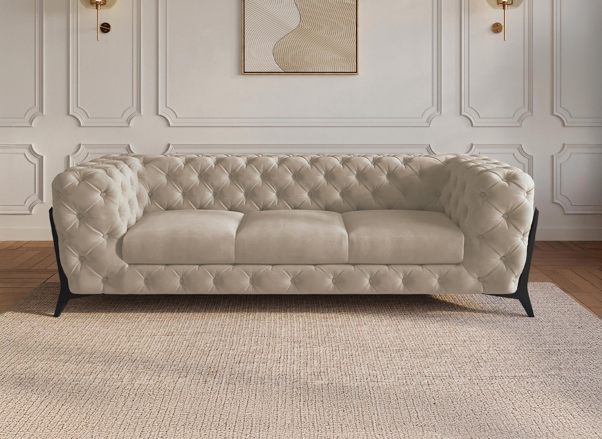 CARMEN 3-Sitzer gepolstertes Chesterfield-Sofa aus beigefarbenem Samt