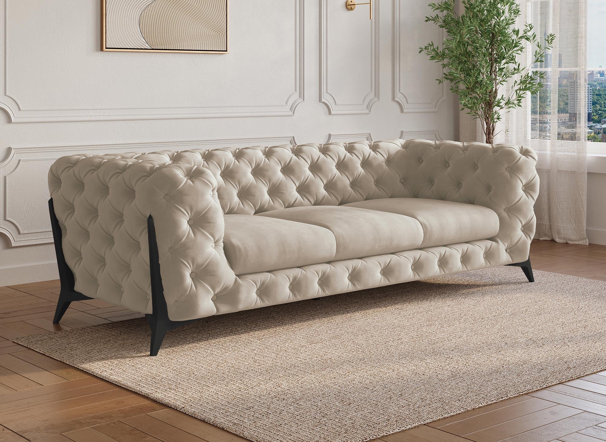 CARMEN 3-Sitzer gepolstertes Chesterfield-Sofa aus beigefarbenem Samt