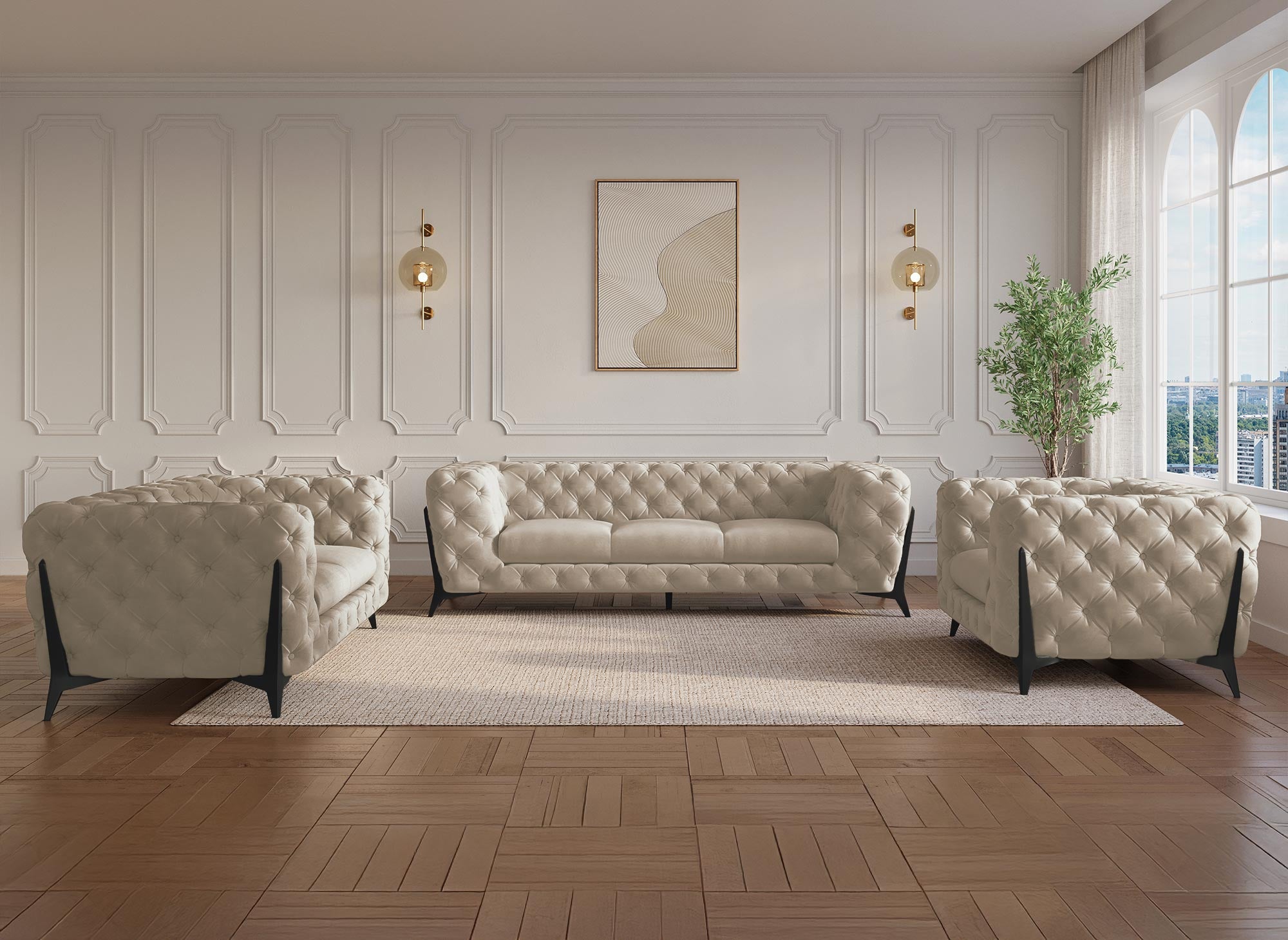 CARMEN 2-Sitzer gepolstertes Chesterfield-Sofa aus beigefarbenem Samt