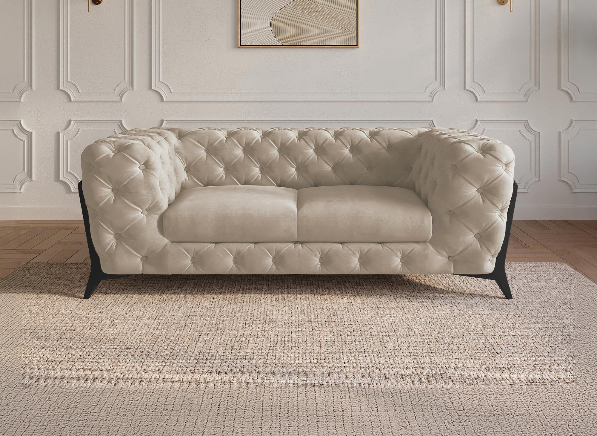 CARMEN 2-Sitzer gepolstertes Chesterfield-Sofa aus beigefarbenem Samt