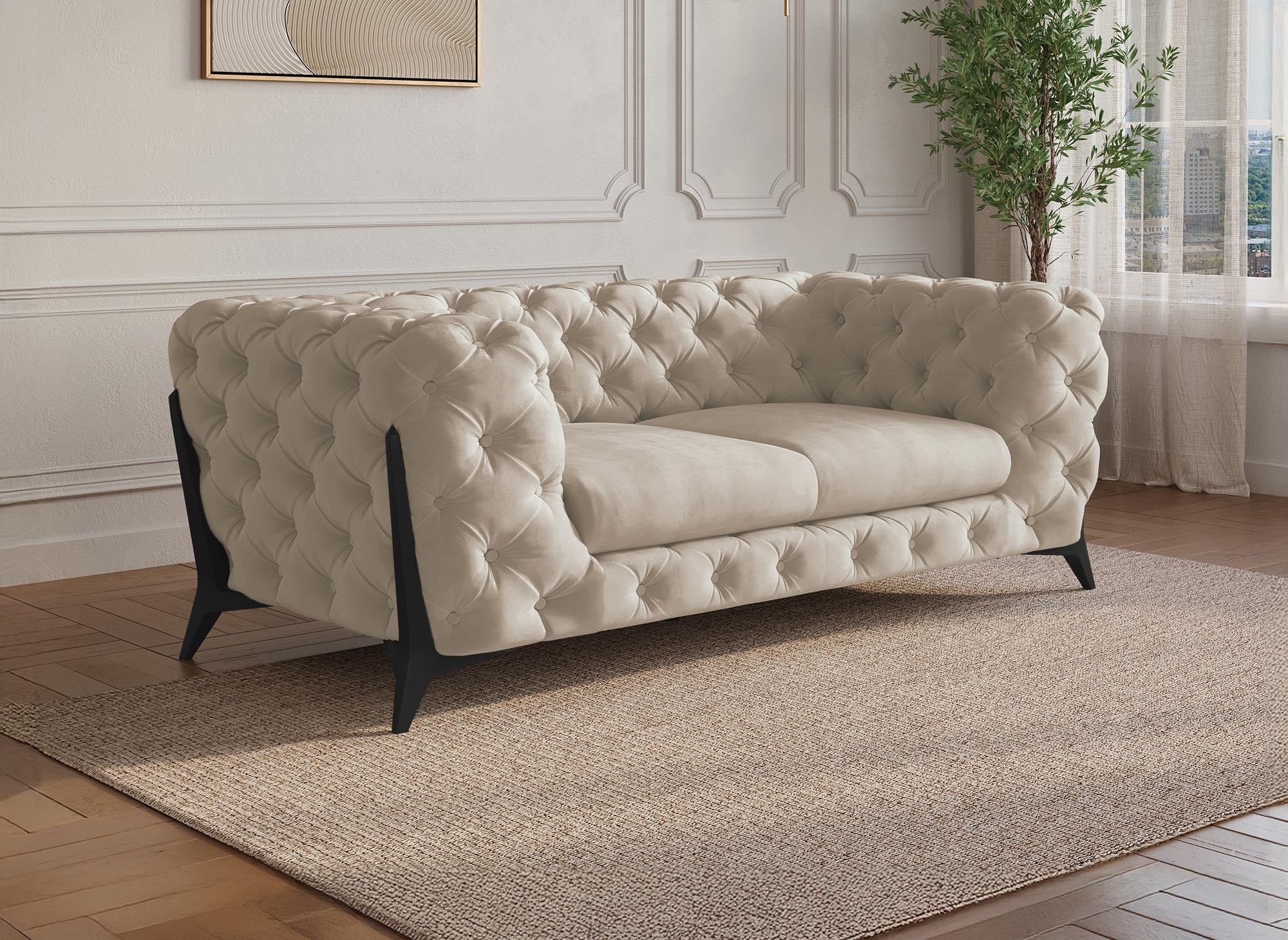 CARMEN 2-Sitzer gepolstertes Chesterfield-Sofa aus beigefarbenem Samt