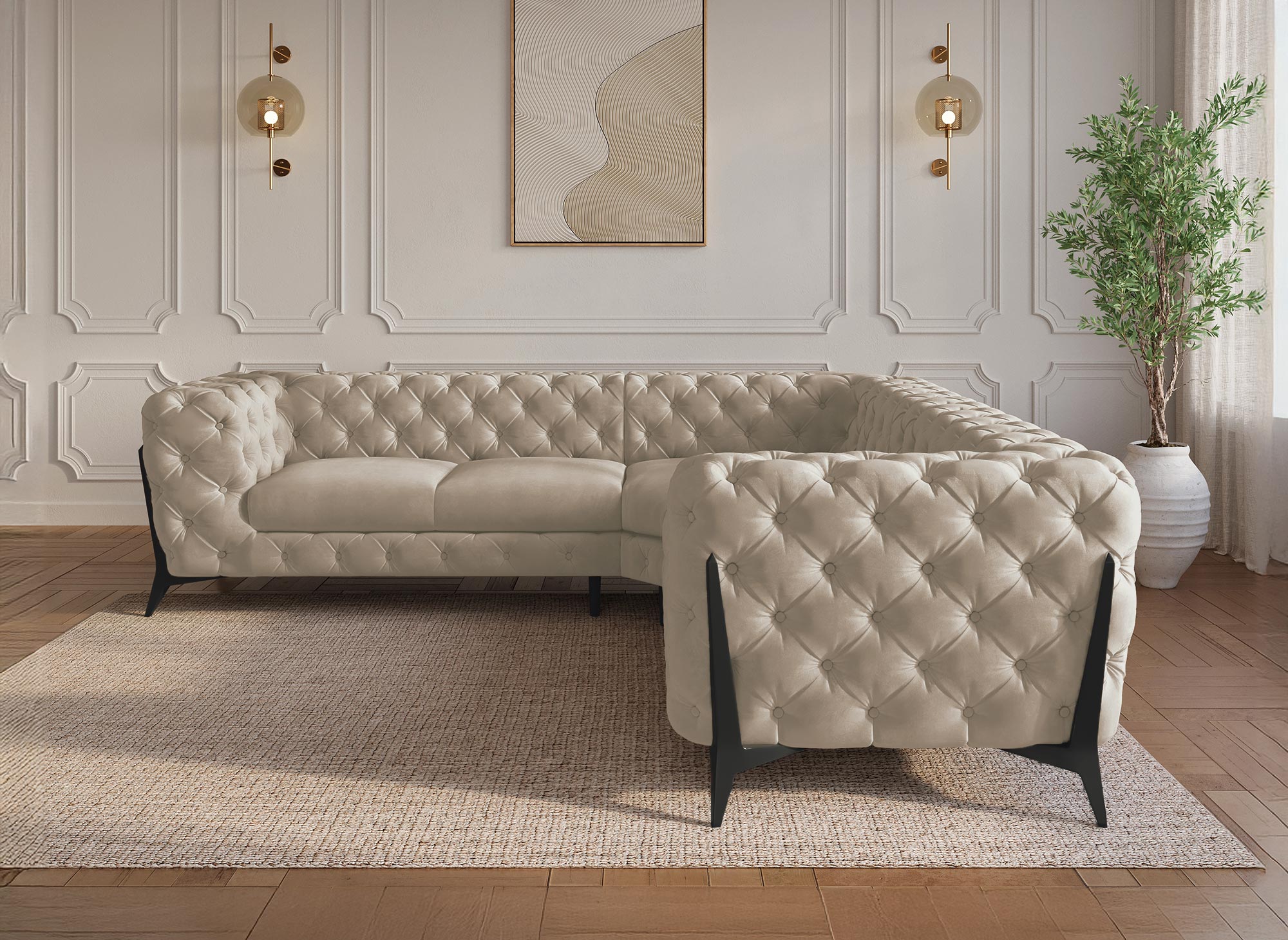 CARMEN beigefarbenes Chesterfield-Ecksofa aus Samt mit Polsterknöpfen