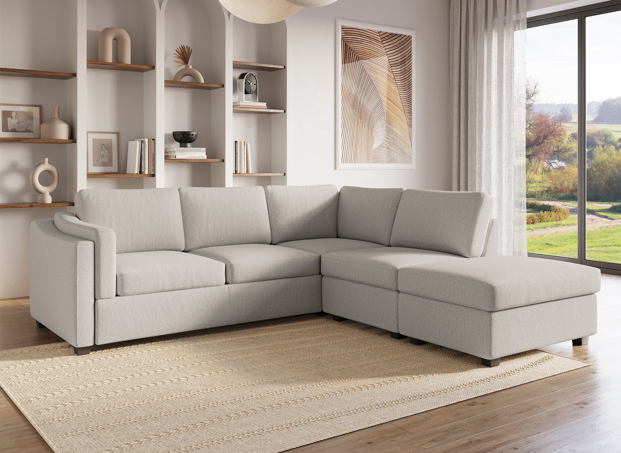BARNEY, beigefarbenes Sofa aus Stoff mit Stauraum – rechtwinklig