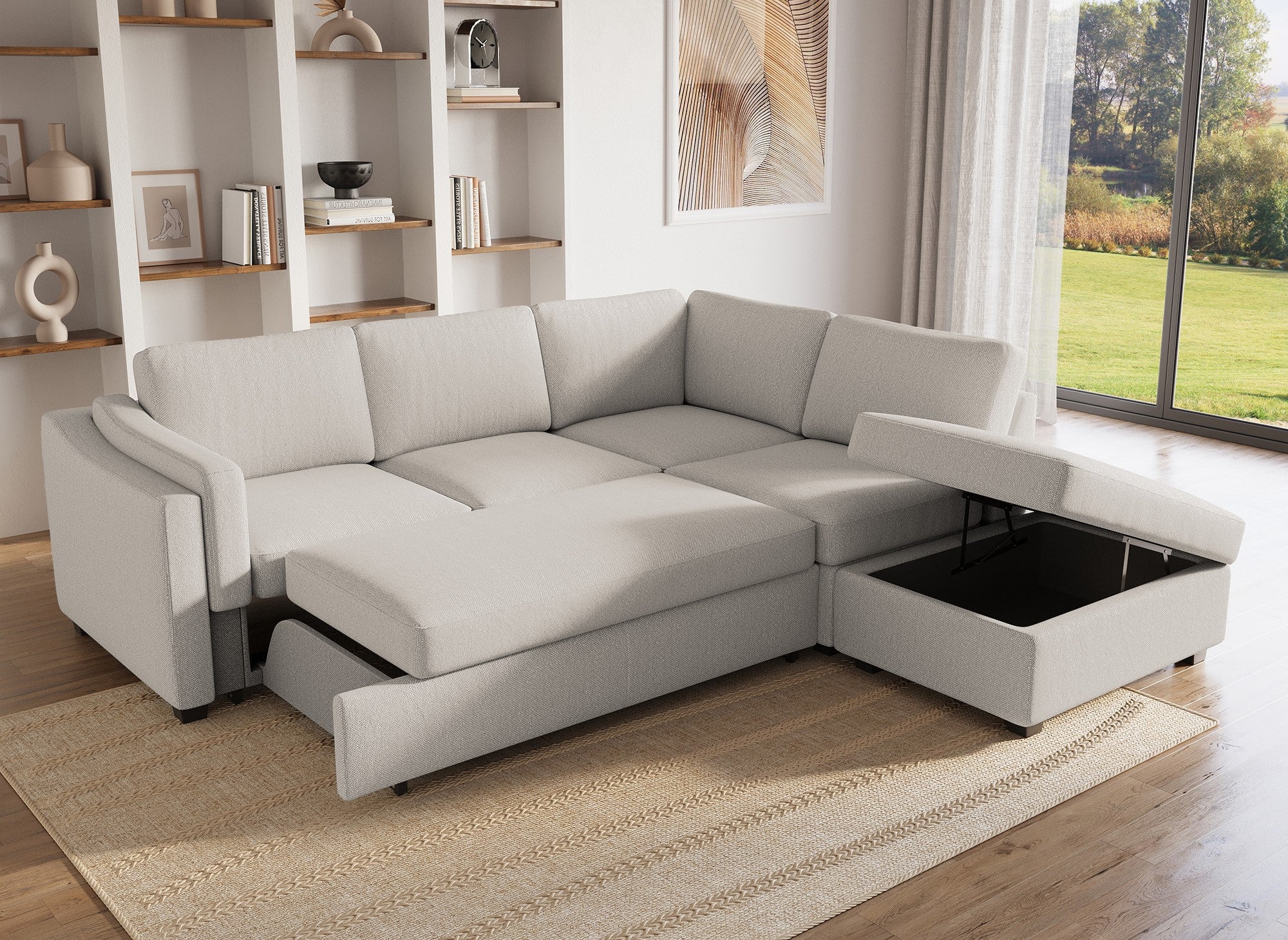BARNEY, beigefarbenes Sofa aus Stoff mit Stauraum – rechtwinklig