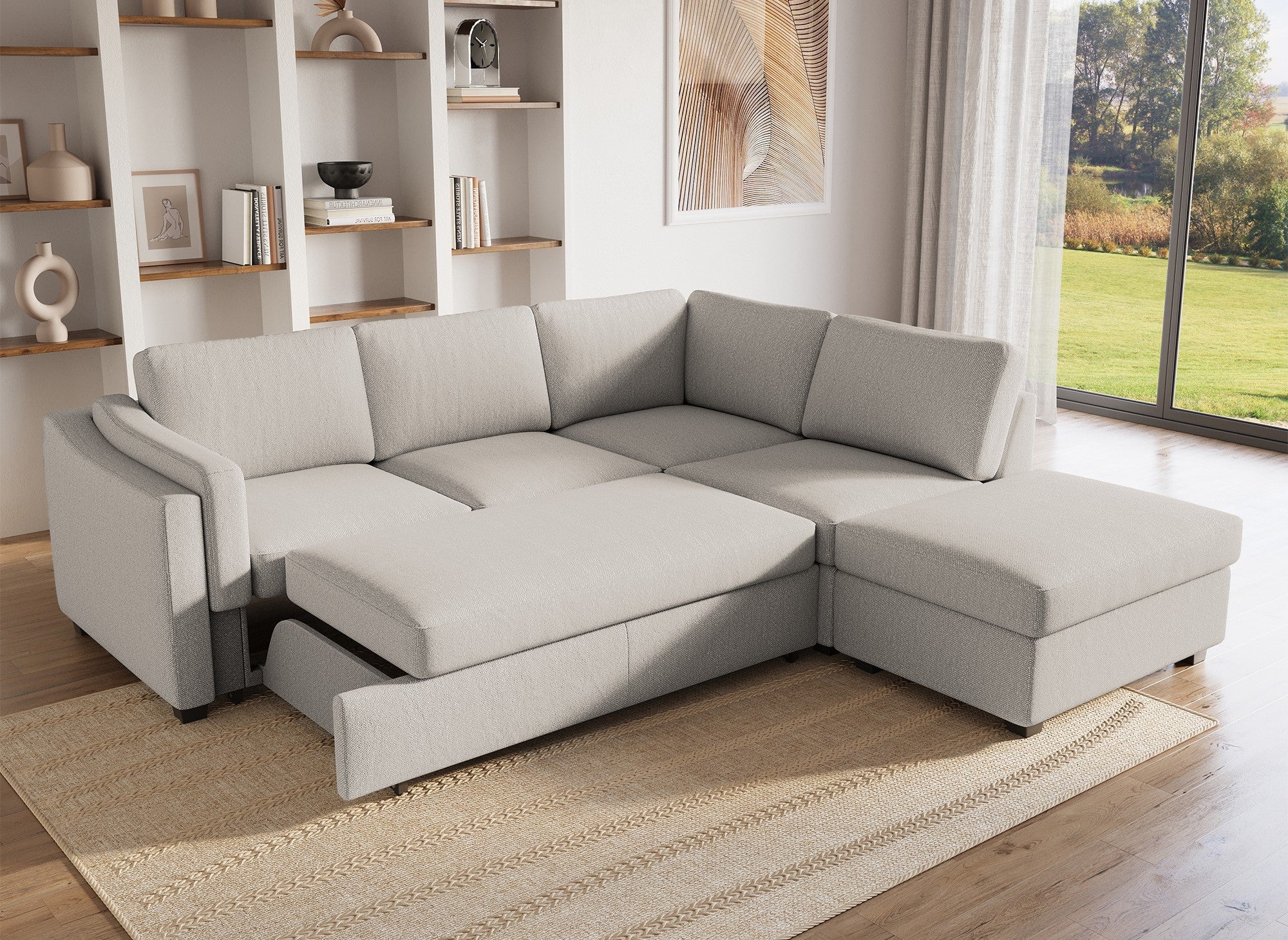 BARNEY, beigefarbenes Sofa aus Stoff mit Stauraum – rechtwinklig