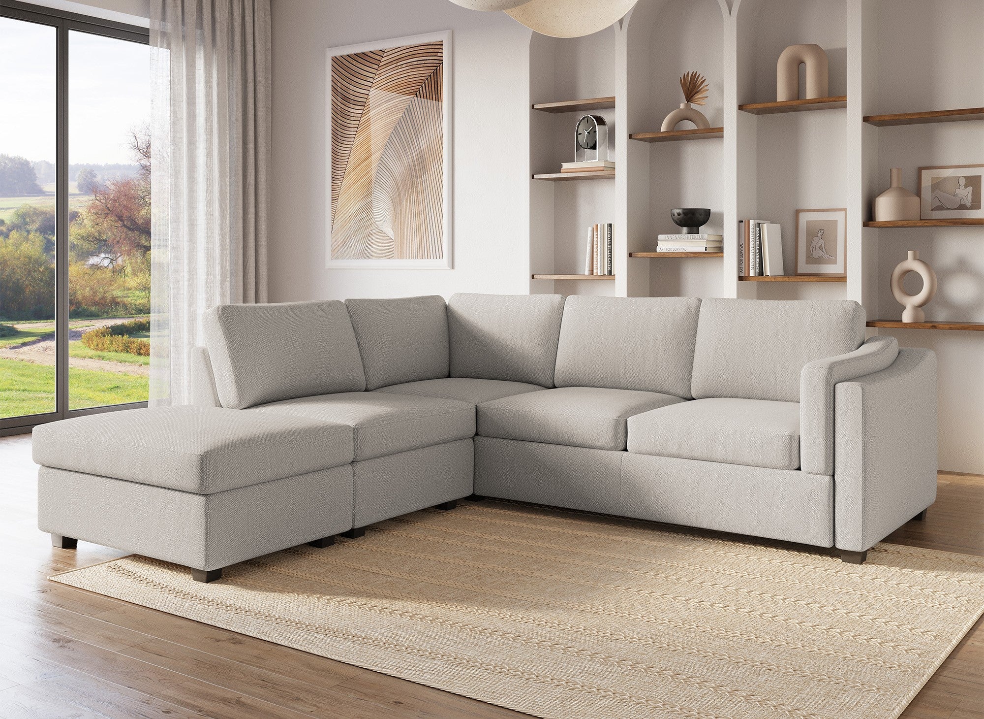 BARNEY beiges Stoffschlafsofa mit Stauraum - Linke Ecke