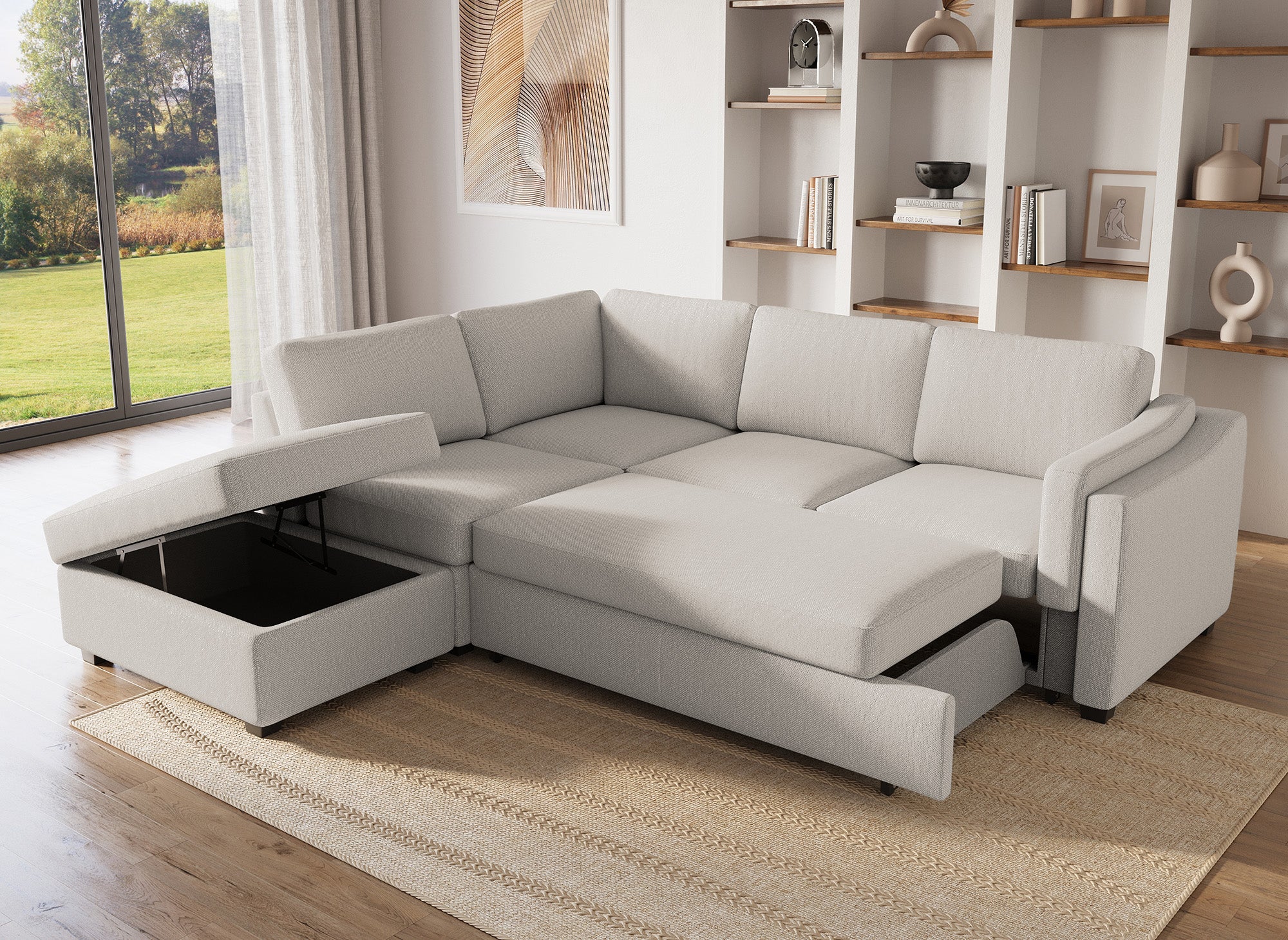 BARNEY beiges Stoffschlafsofa mit Stauraum - Linke Ecke