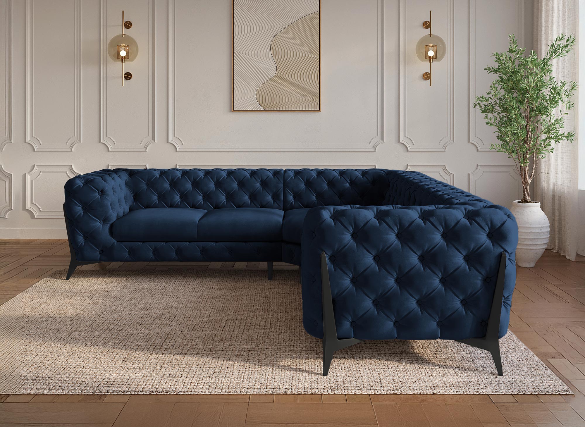CARMEN Chesterfield-Ecksofa aus blauem Samt mit Polsterknöpfen