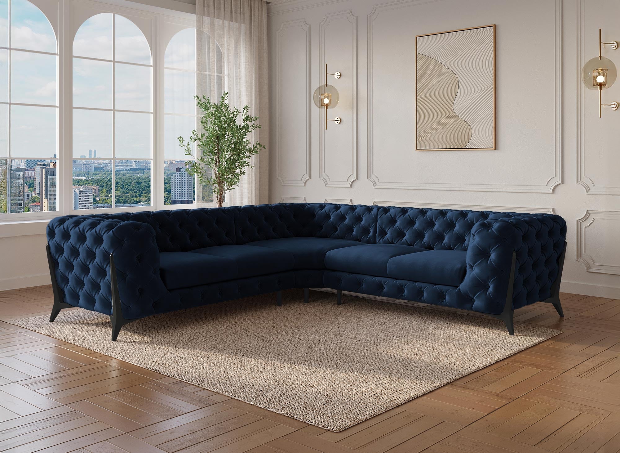 CARMEN Chesterfield-Ecksofa aus blauem Samt mit Polsterknöpfen
