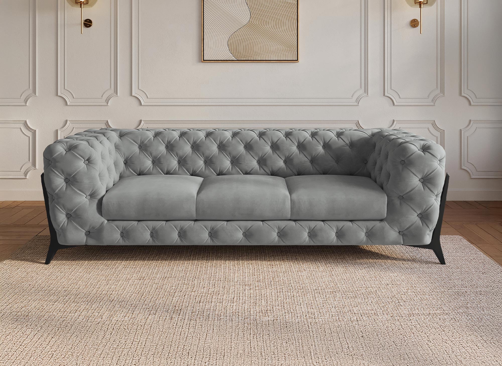 CARMEN 3-Sitzer-Chesterfield-Sofa mit Polsterung aus grauem Samt