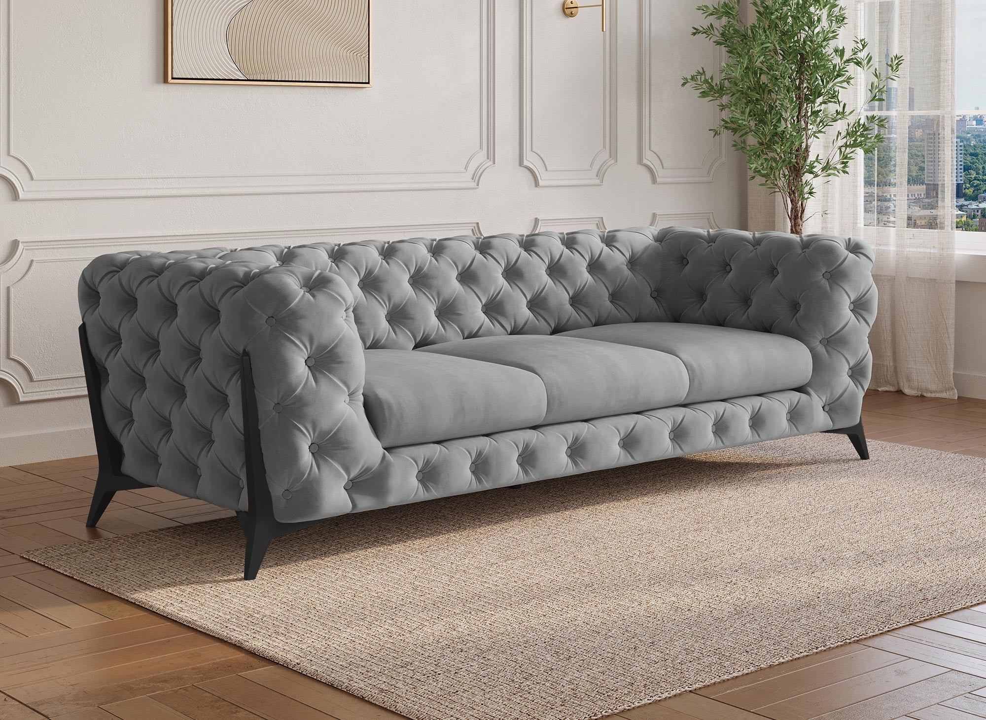 CARMEN 3-Sitzer-Chesterfield-Sofa mit Polsterung aus grauem Samt