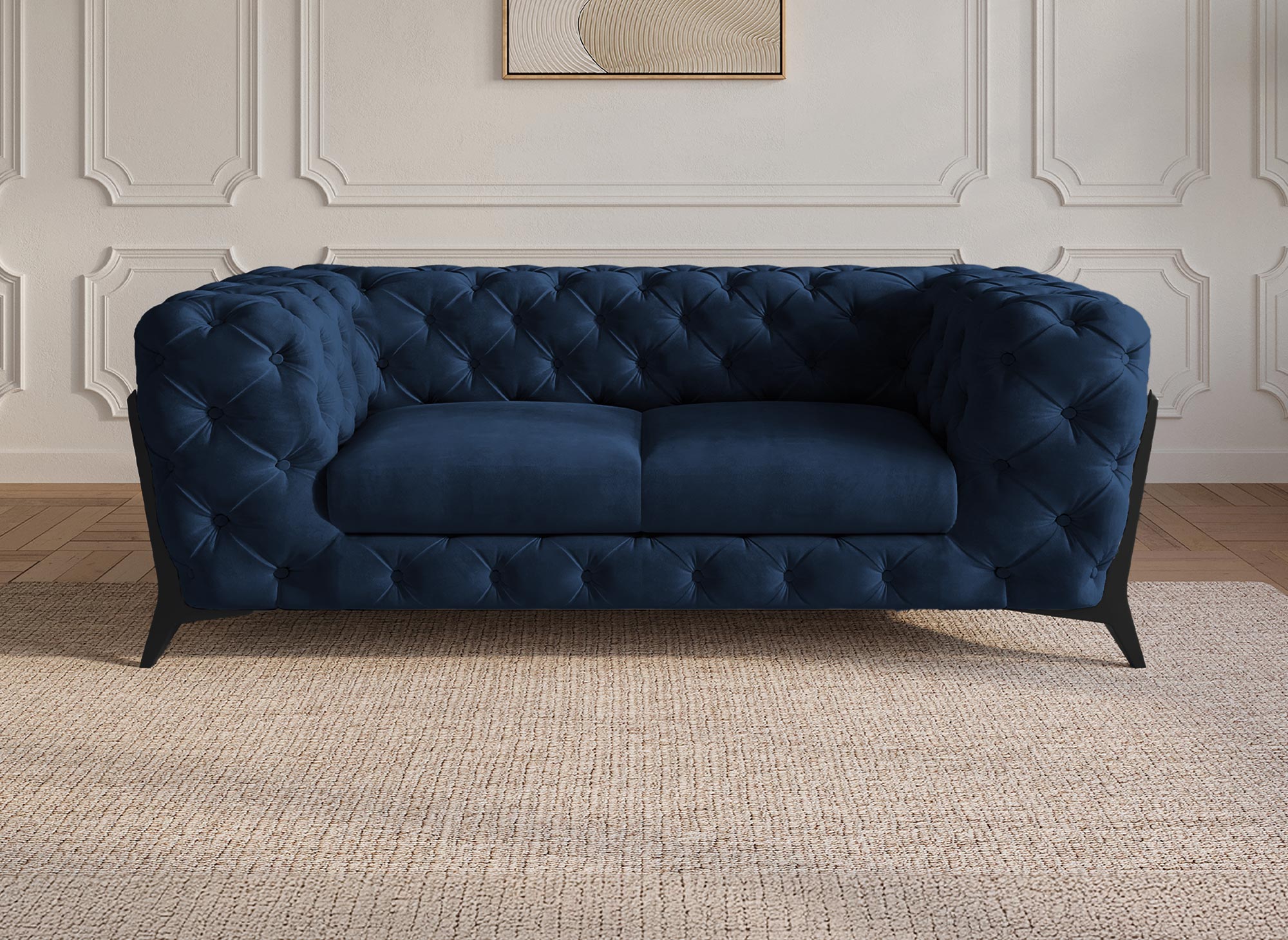 CARMEN 2-Sitzer gepolstertes Chesterfield-Sofa aus blauem Samt