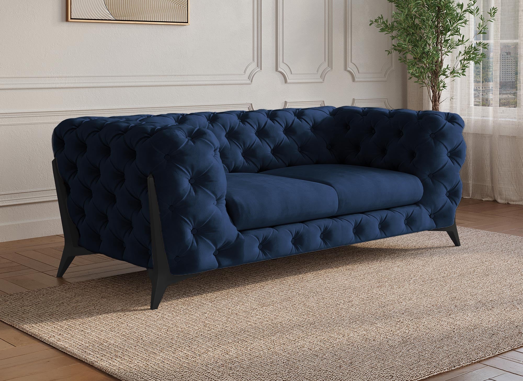 CARMEN 2-Sitzer gepolstertes Chesterfield-Sofa aus blauem Samt