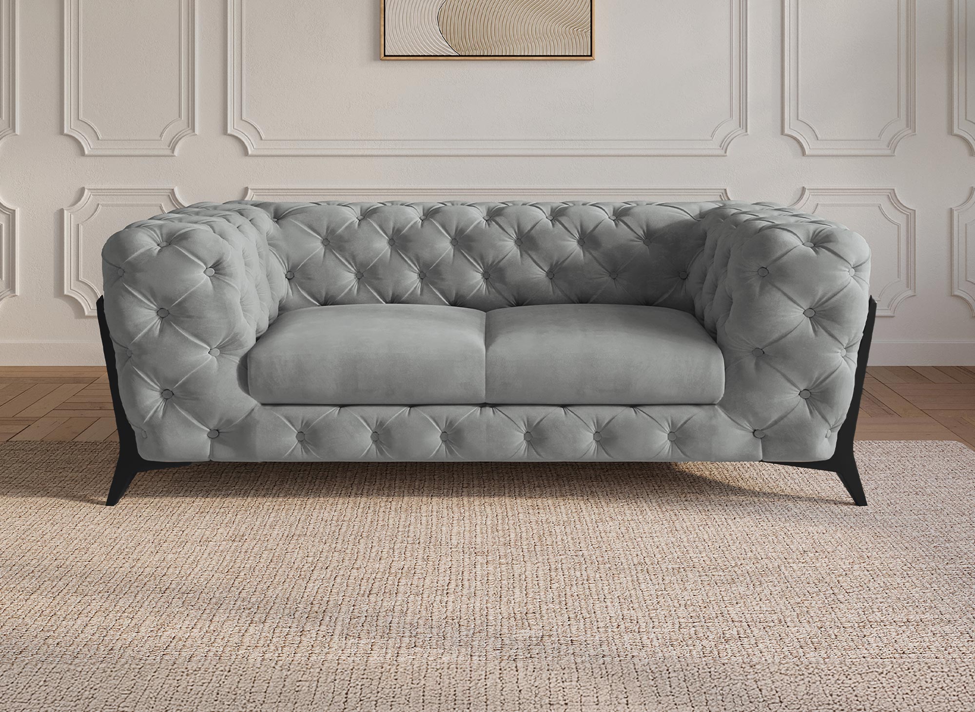 CARMEN 2-Sitzer-Chesterfield-Sofa mit Polsterung aus grauem Samt