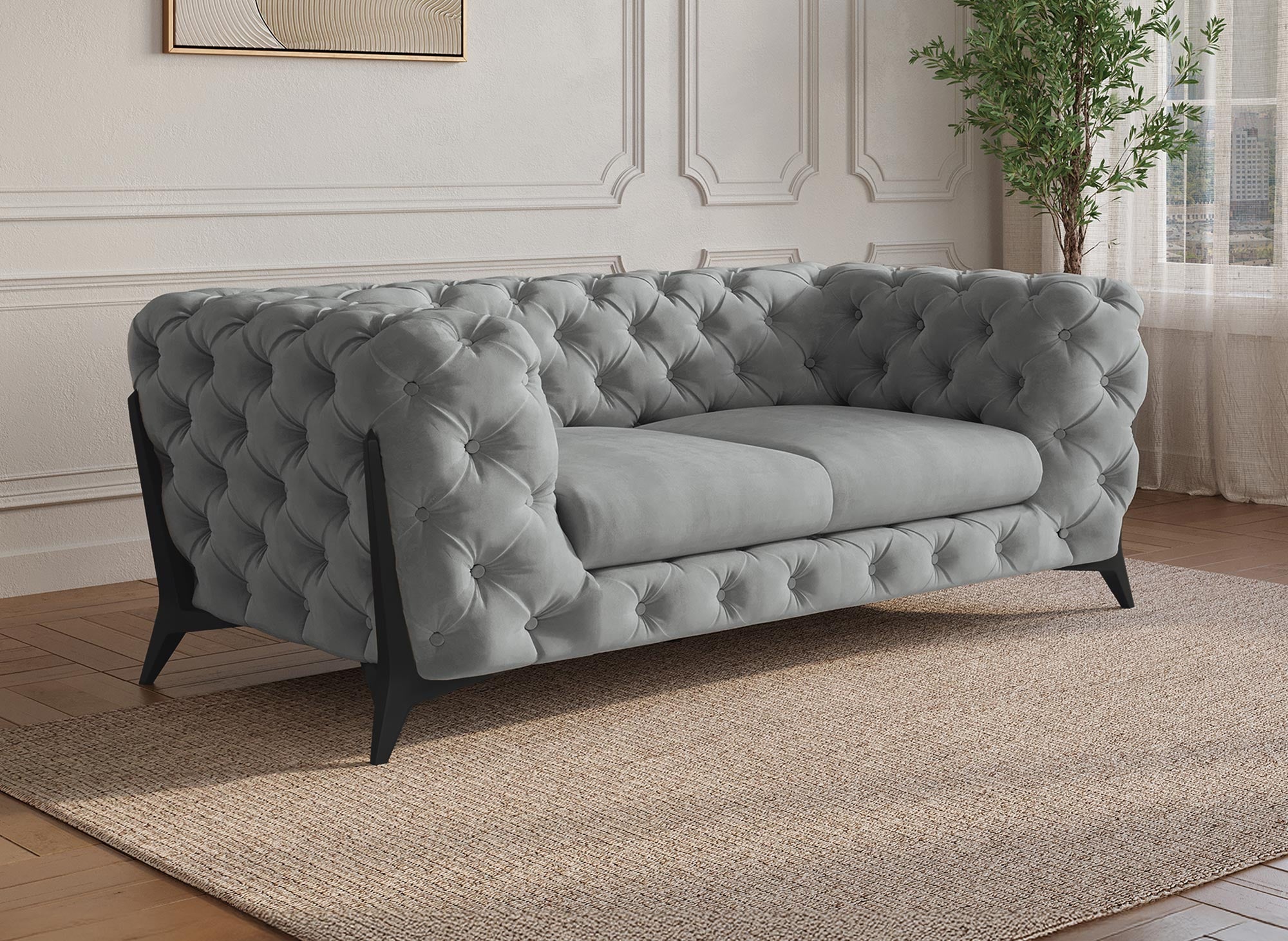 CARMEN 2-Sitzer-Chesterfield-Sofa mit Polsterung aus grauem Samt